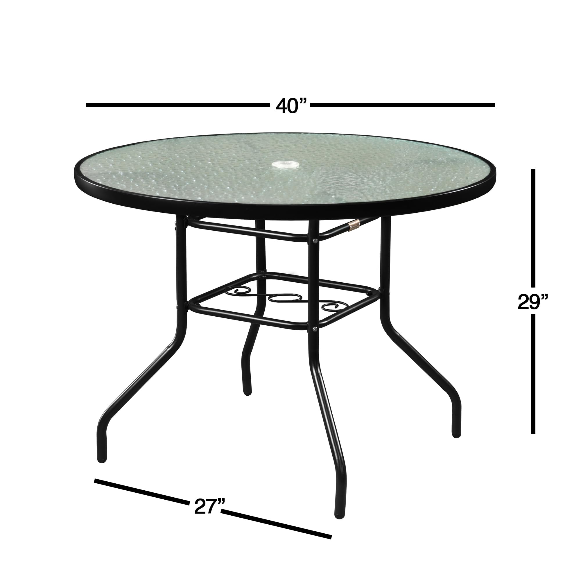 Outdoor Steel Dining Table with Round Waterwave Glass Top - 40 Inch Black Patio Furniture for Garden, Backyard, and Poolside Dining