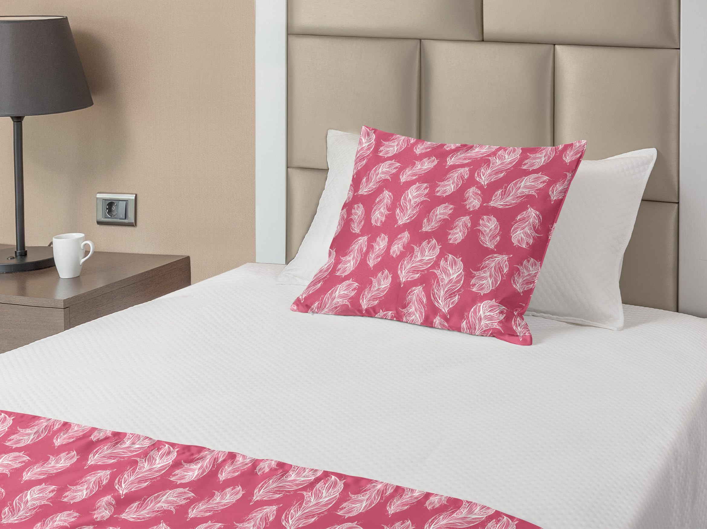 Ambesonne Bohemian Bed Runner Set with Abstract Feather Design - Twin Size Pastel Pink & White - Decorative Bedding Scarf & Pillow Sham for Home, Hotel, Wedding Decor - Perfect for Boho Chic Bedroom, Guest Room & Airbnb Styling