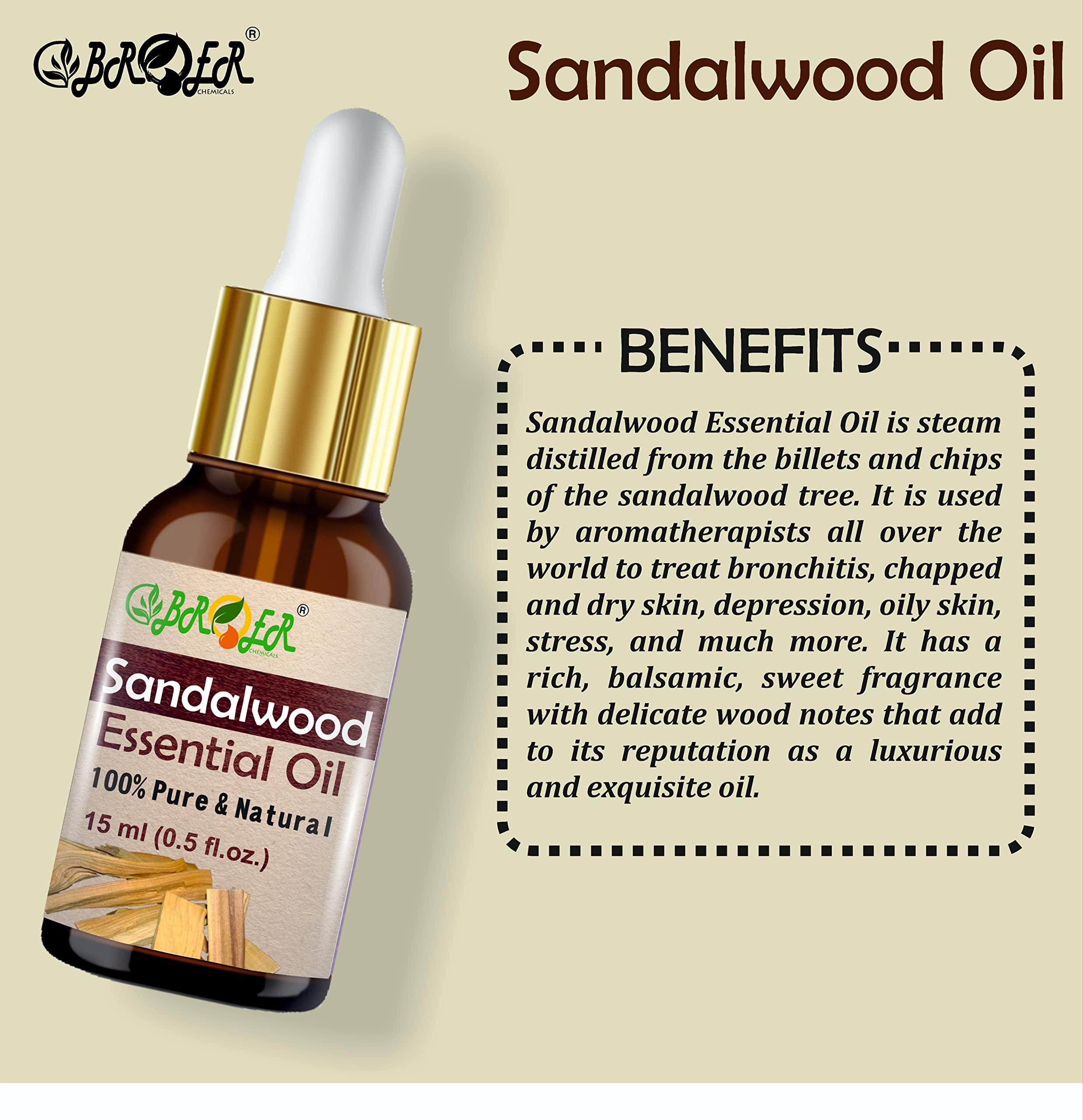 BROER 100% Pure Sandalwood Essential Oil (Chandan Oil) - Natural Undiluted Aromatherapy Oil for Skin Care, Hair Growth & Relaxation - 2 Pack 30ml - Perfect for Diffusers, Massage & DIY Beauty Products