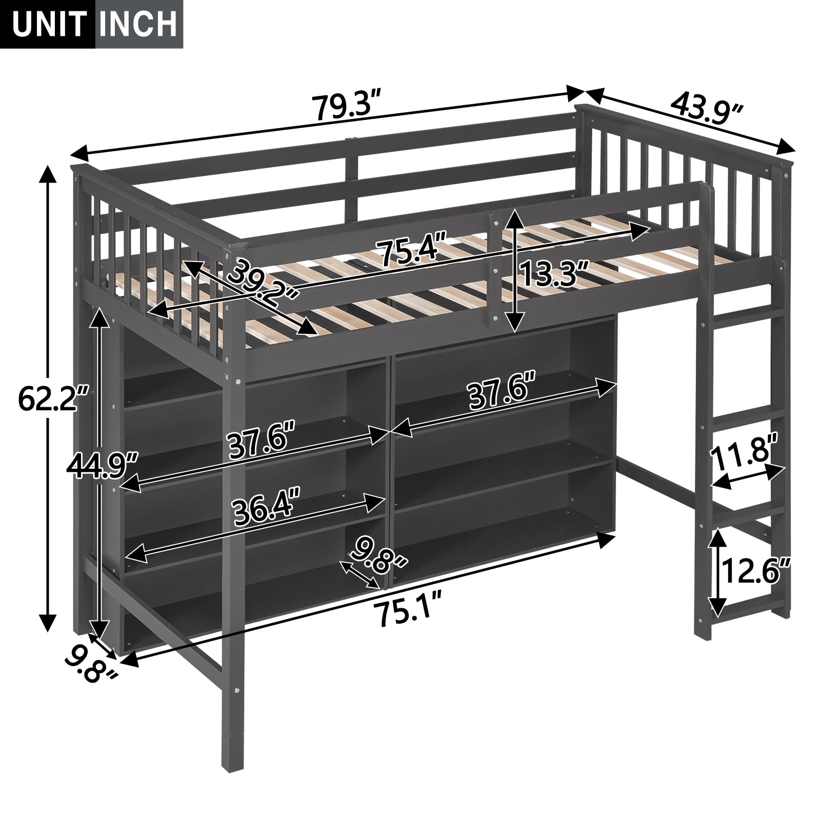 SOFTSEA Twin Size Loft Bed with Storage Shelves & Bookcase - Solid Wood High Loft Bed Frame with Underbed Space & Ladder - Perfect for Kids, Boys, Girls & Teens Bedroom - Space-Saving Grey Loft Bed for Small Rooms, Dorms & Apartments