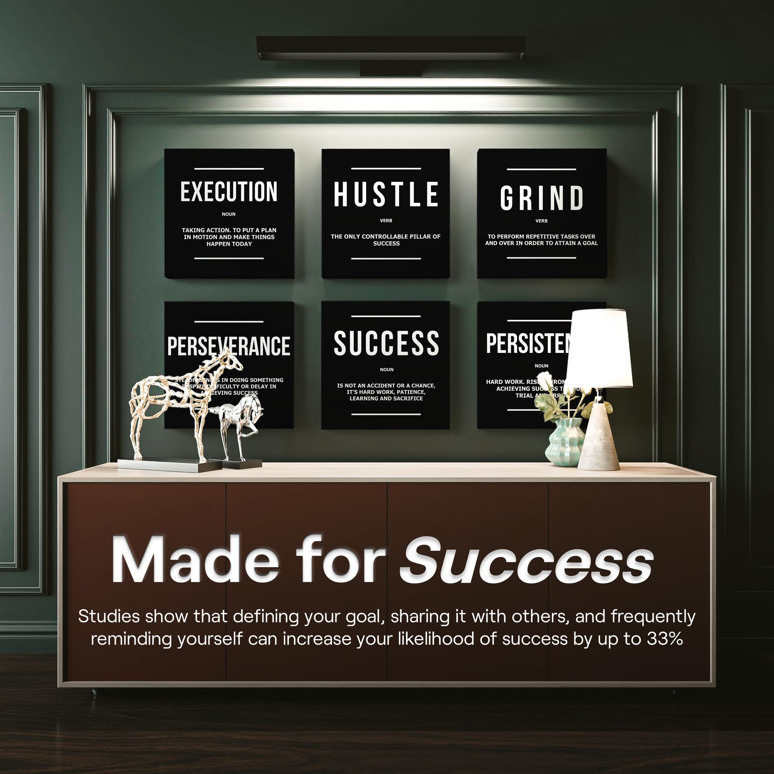 6-Piece Motivational Office Wall Art Set - 30x30 Inch Framed Canvas Prints with Inspirational Quotes (Grind, Hustle, Success, Persistence, Perseverance) - Perfect for Home Office, Study Room & Workplace Decor