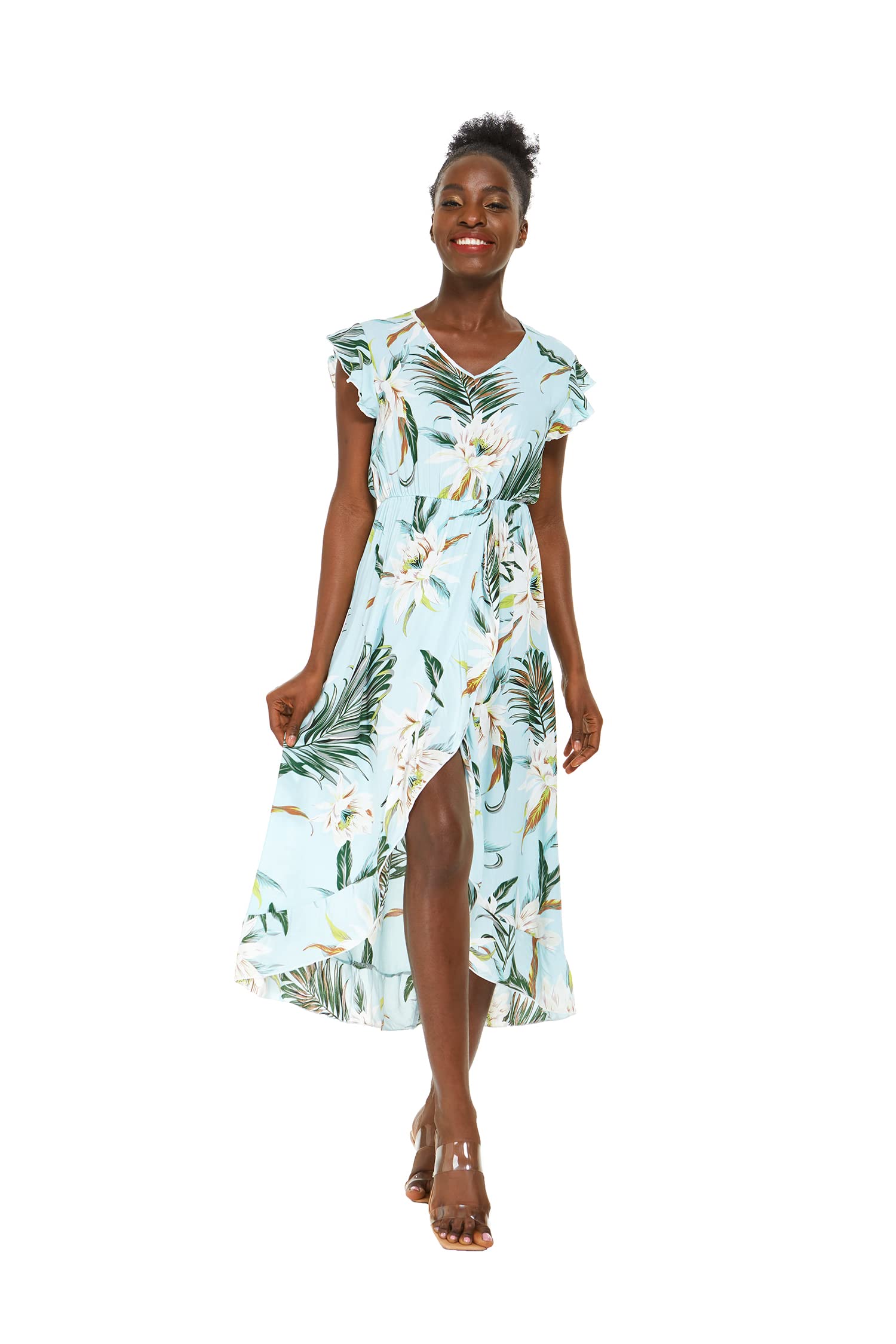 Women's Floral Hawaiian Luau Wrap Ruffle Dress - Tropical Beach Party Outfit for Summer Vacations, Poolside Getaways & Island Weddings