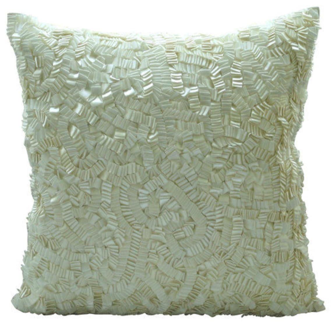 Luxury Silk Pillow Covers 16x16 inch (40x40 cm) - Ivory Elegance Decorative Throw Pillow Covers for Sofa, Couch & Bed, Solid Color with Ribbon Embroidery, Modern Home Decor | Perfect for Living Room, Bedroom & Guest Room Accent