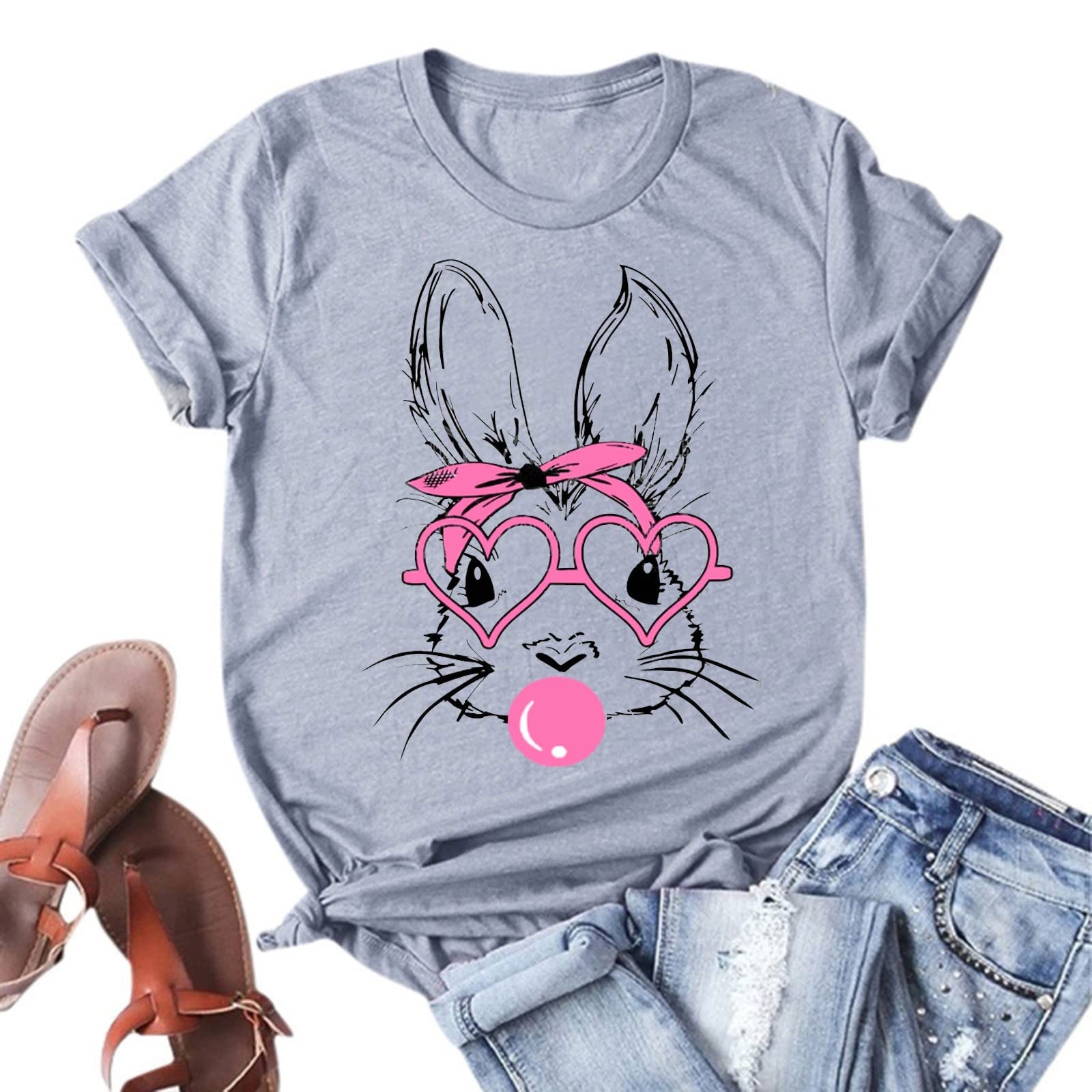 Women's Graphic T-Shirts | Easter Short Sleeve Crewneck Tee with Cute Rabbit Print | Casual Letter Printed Tops for Spring Outfits & Holiday Celebrations