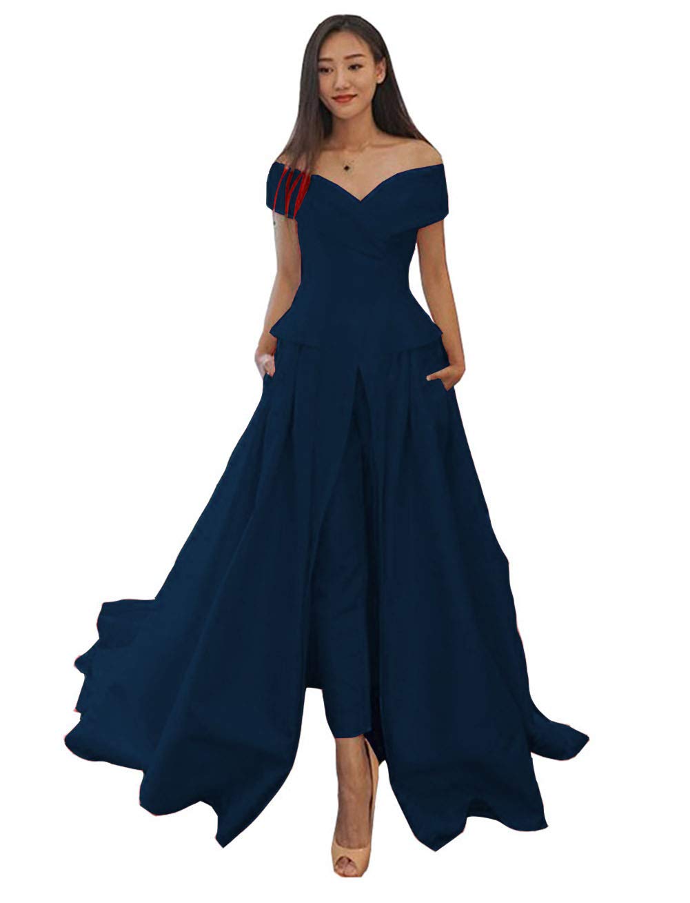 Emanni Women's Navy Blue Off The Shoulder Prom Dress Jumpsuit with Detachable Skirt - Elegant Wedding Guest Outfit for Evening Gala, Cocktail Party & Formal Occasions