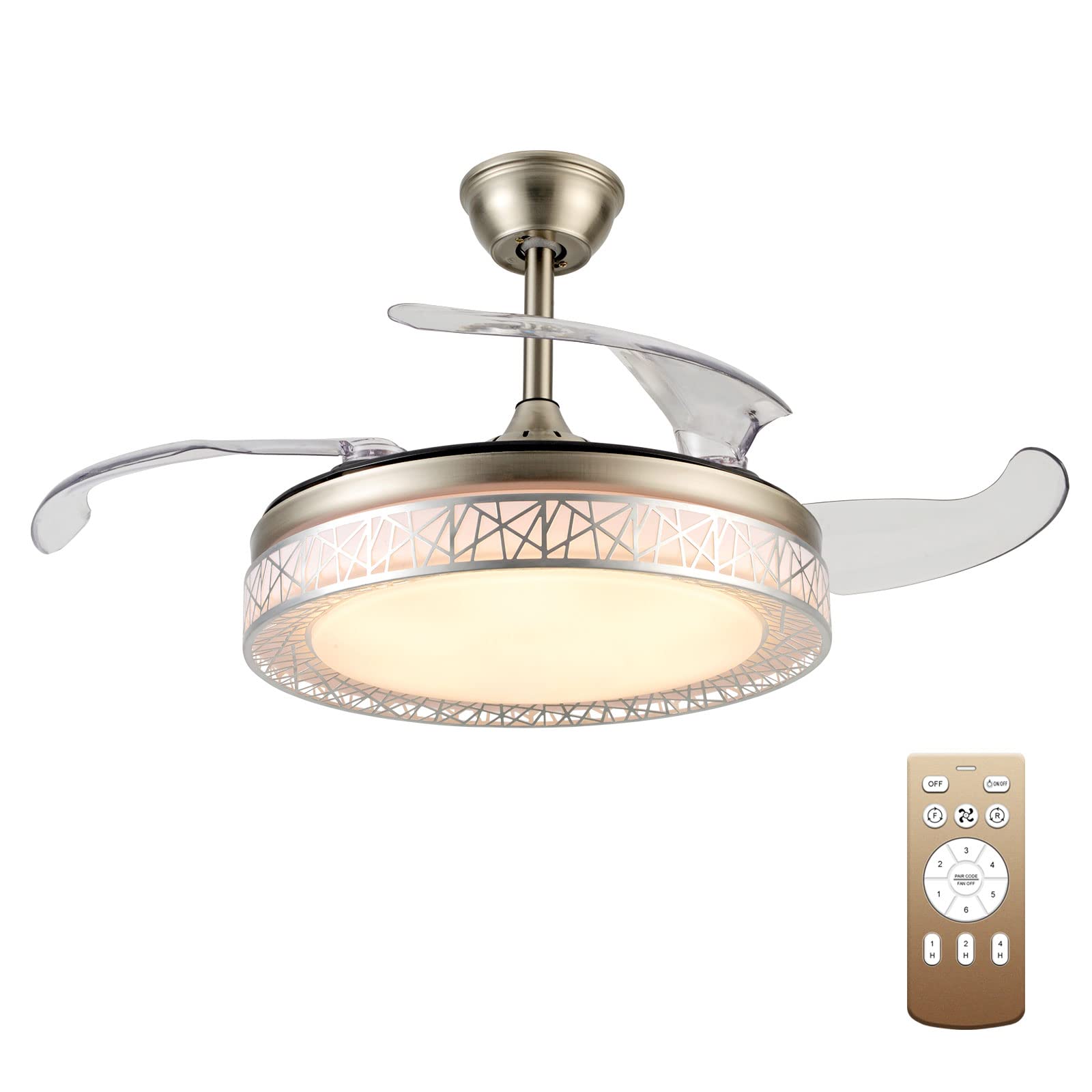 42 Inch LED Retractable Bladeless Ceiling Fan with Remote Control - Brushed Nickel Motor & Silver Round Chandelier Lighting for Living Room, Bedroom, and Dining Room