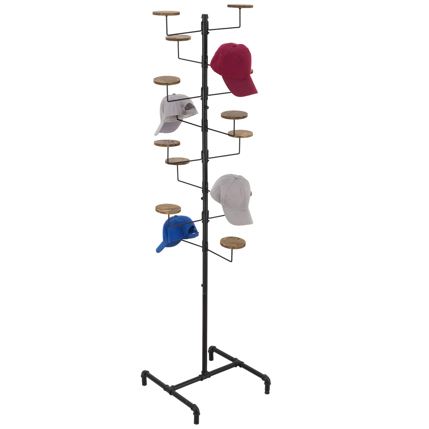 MyGift 16-Hook Industrial Black Metal Pipe Hat Display Rack - Freestanding Customizable Retail Hats & Wigs Stand with Rustic Wood Holders - Perfect for Boutiques, Clothing Stores & Home Decor