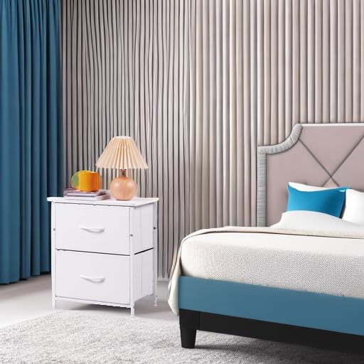 White Nightstand with 2 Drawers & Fabric Bins - Small Dresser for Bedroom, Bedside Table, End Table - Perfect for Kids Room, Closet, Dorm & Guest Room (White Leather) - Ideal for Bedroom Storage & Organization