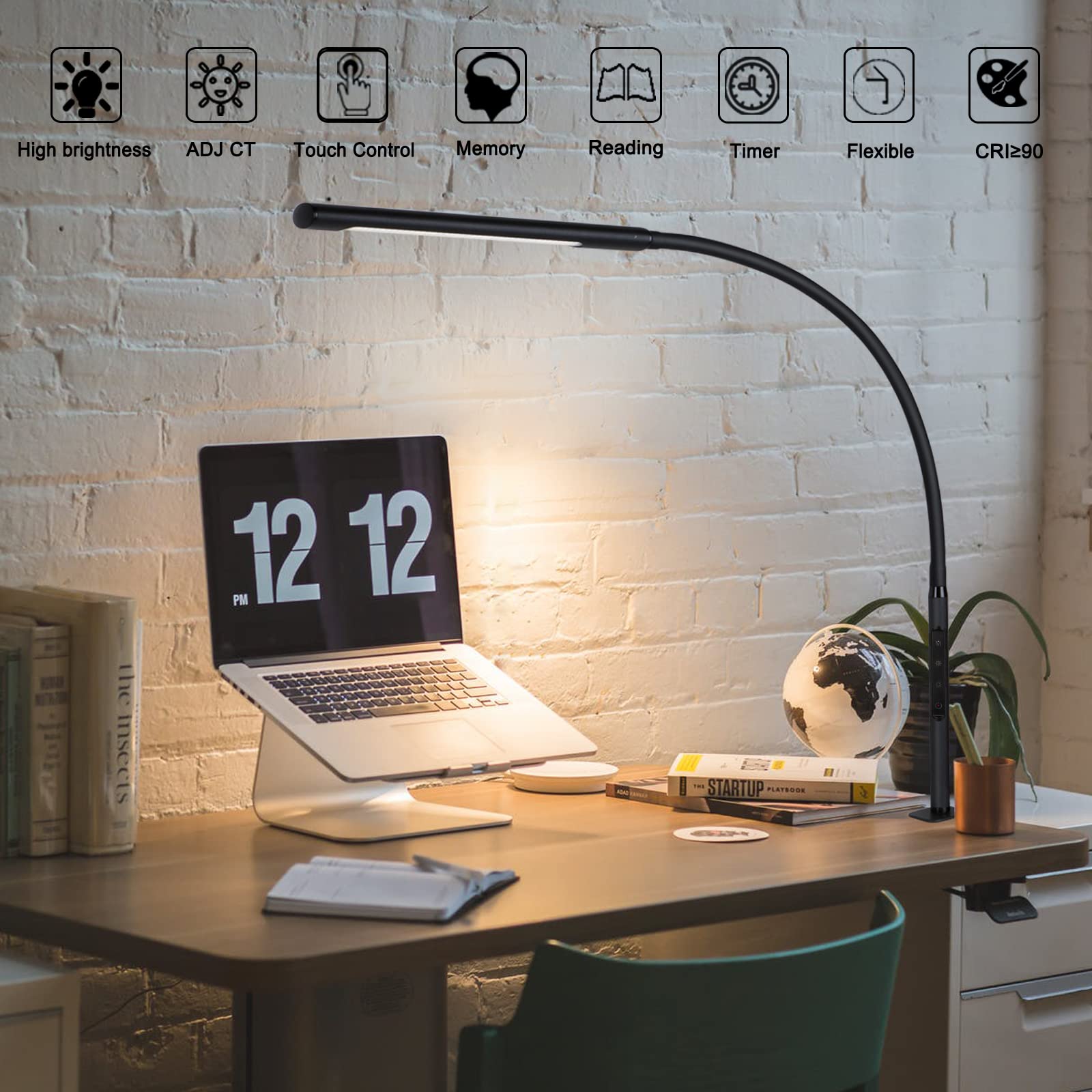 Adjustable LED Desk Lamp with Eye-Caring Technology - 12W Gooseneck Clamp Light with Memory & Timer, 3 Color Temperatures for Home Office, Study, Reading & Crafting - Black