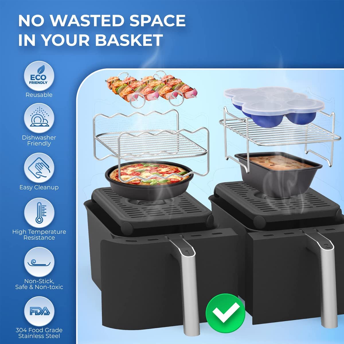 2Pcs 304 Stainless Steel Air Fryer Racks for Double Basket Air Fryers - Oven Safe Cooking Grilling Rack Accessories for Baking, Roasting & Microwaving | Perfect for Chicken Wings, Vegetables & Family Meals