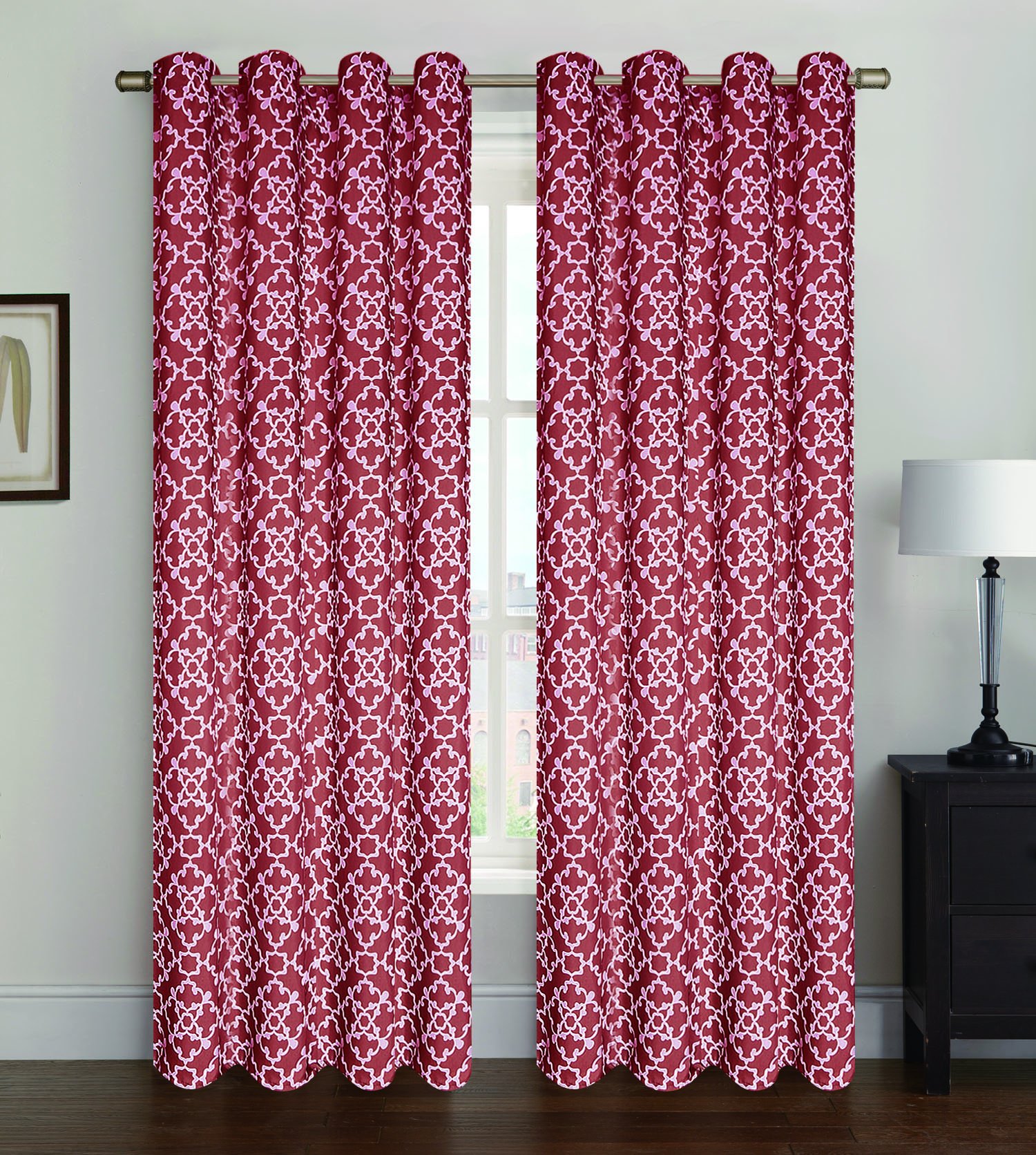 Kashi Home 2 Pack Alex Oxford Window Curtain Panels - Burgundy Lattice Pattern 38x84 Inches - Elegant Window Treatments for Living Room, Bedroom & Office Decor