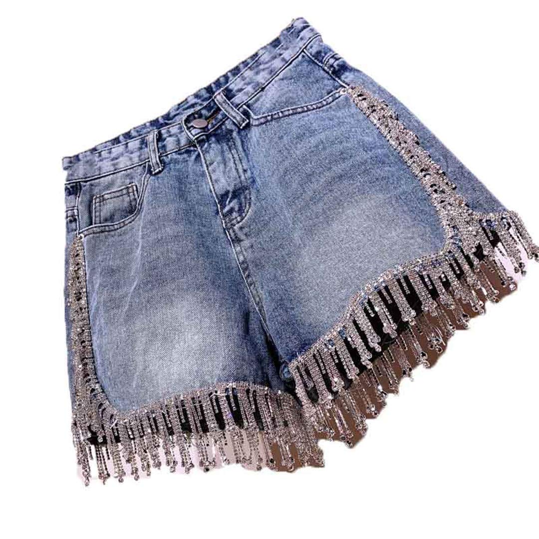 Sparkling Rhinestone Fringe High Waist Denim Shorts for Women - Stylish Diamond Tassel Embellished Short Jeans | Perfect for Summer Outfits, Parties & Festivals