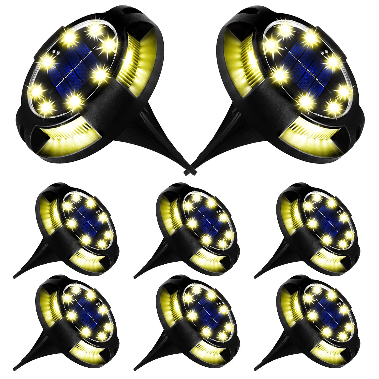 8 Pack Solar Ground Lights Outdoor - 12 LED Waterproof Disk Lights for Garden, Deck, Stair, Lawn, Patio & Driveway | Warm White Solar Powered In-Ground Pathway Lighting for Yard Decoration & Nighttime Safety