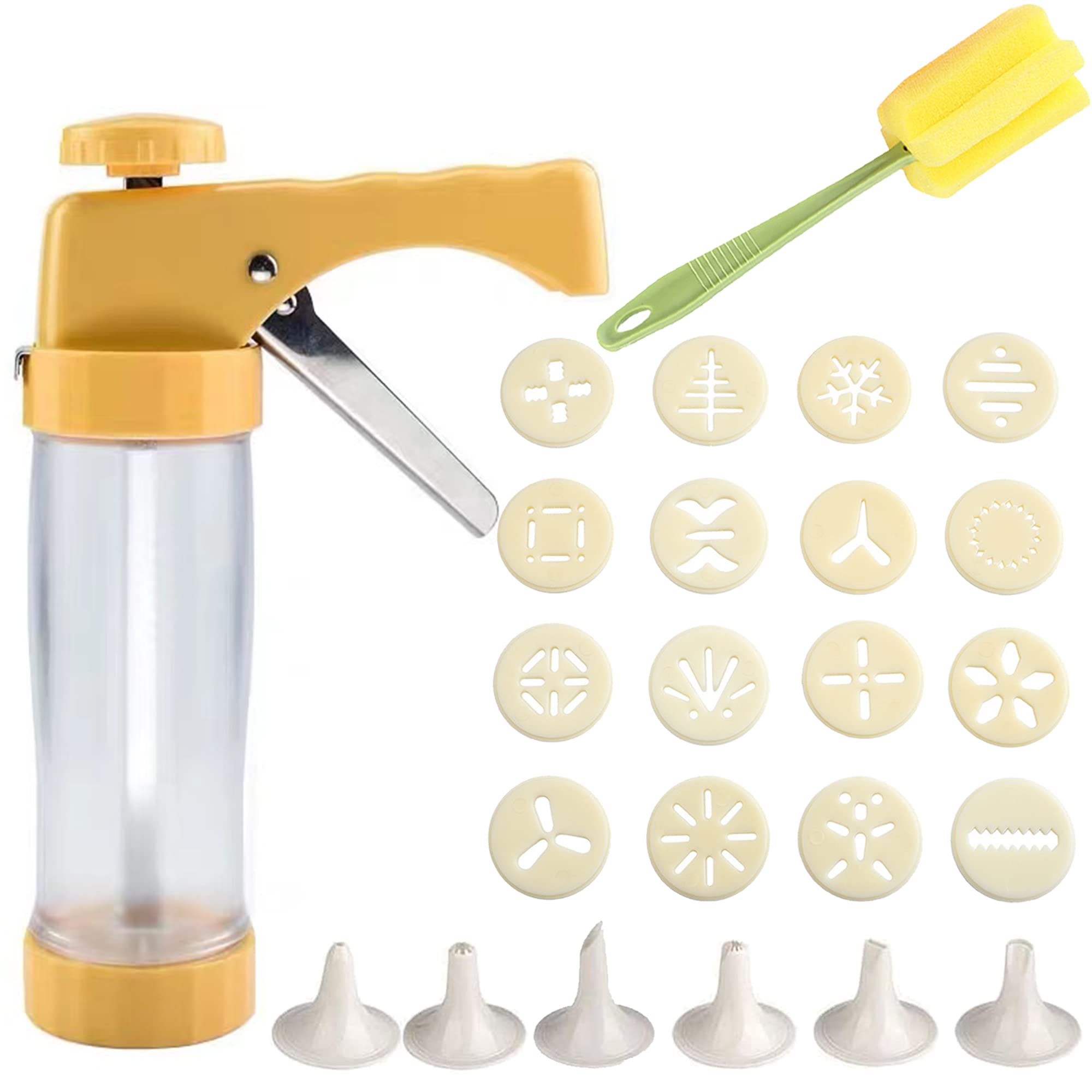 Cookie Press Gun Kit - 16 Cookie Discs & 6 Nozzles for DIY Biscuits & Churros | Stainless Steel Biscuit Maker Machine Set (Yellow) | Perfect for Holiday Baking, Party Treats & Homemade Desserts