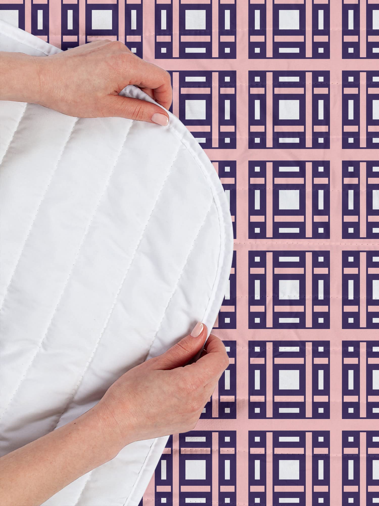 Ambesonne Geometric Microfiber Bedspread Set - King Size Dark Purple & White Symmetrical Square Rectangle Pattern with Pillow Shams & Comforter | Ultra Soft Bedding for Modern Bedroom Decor