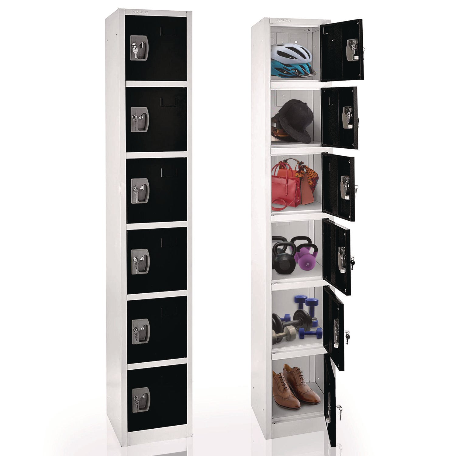 Steel Storage Locker with 6 Compartments - 12 x 12 x 72 Inches, Black - Heavy Duty Metal Cabinet for Office, School, Gym & Warehouse Organization