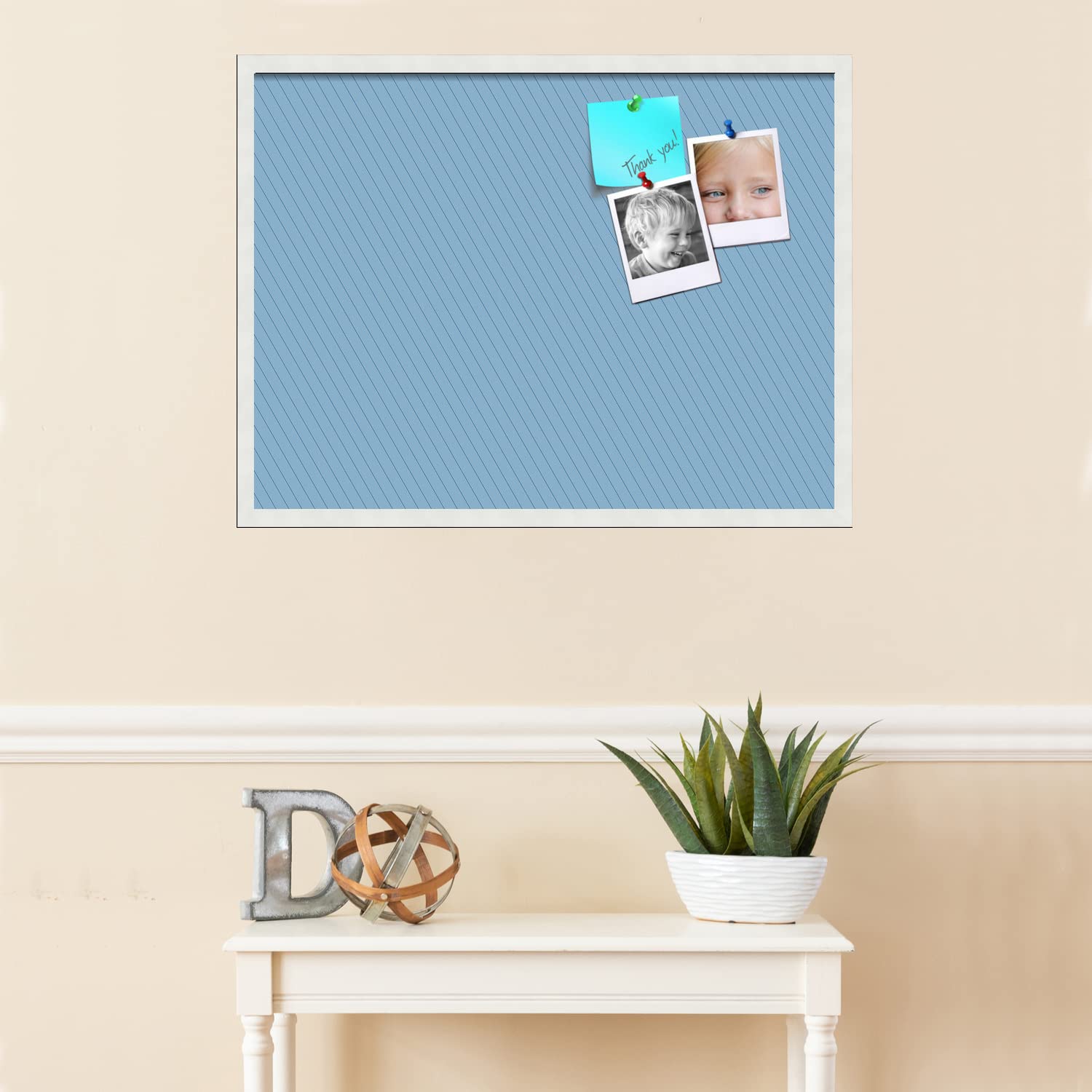 PinPix 32x24 Inch Cork Bulletin Board with Navy Stripes & White Frame - Wall Mounted Office Notice Board for Home, School, or Workplace Organization - Perfect for Memos, Photos, and Decorative Displays