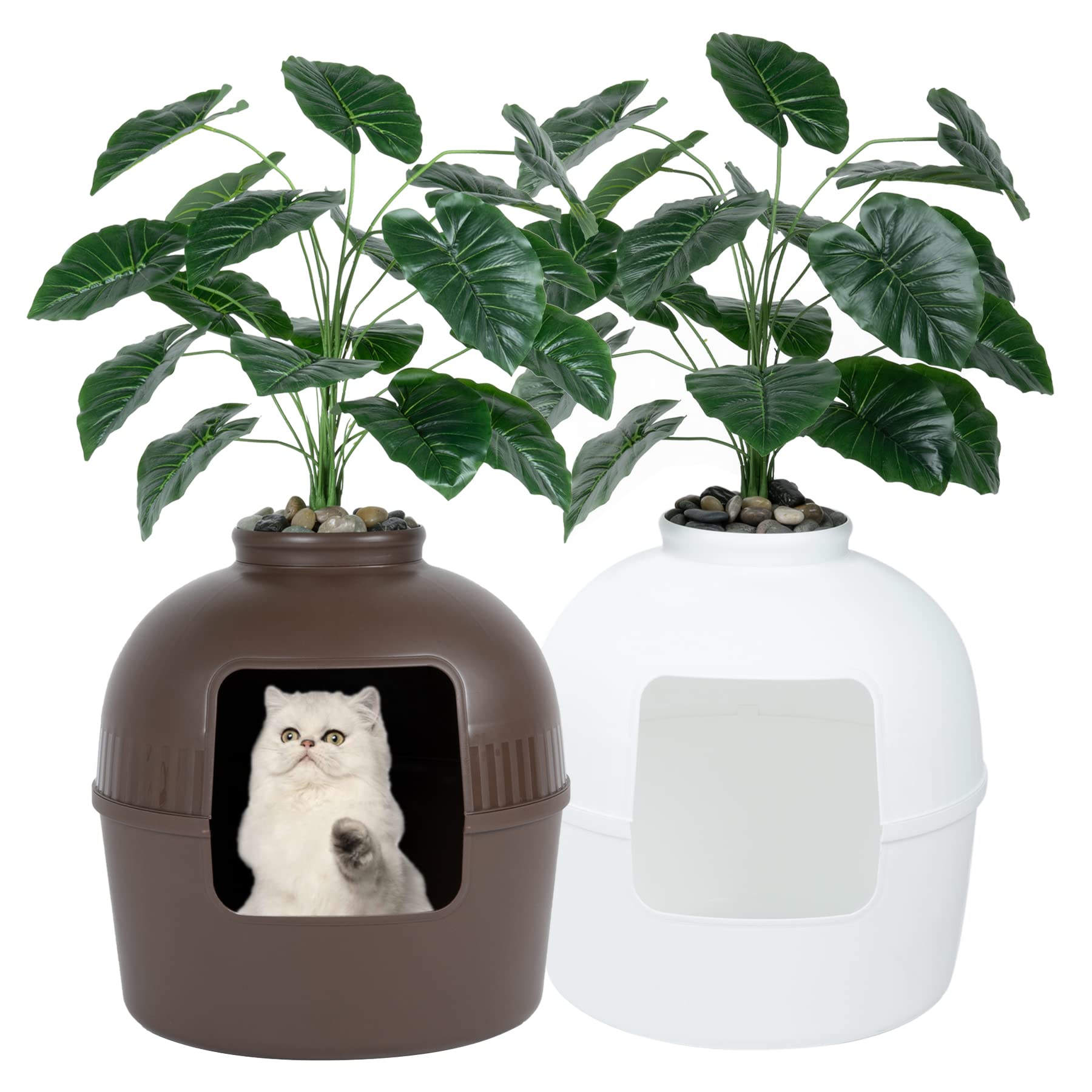 Hawsaiy Cat Litter Box Enclosure Furniture with Faux Plant & Real Stones - Stylish Hidden Litter Box Cabinet for Home Decor, Living Room or Bedroom - Odor Control & Privacy Solution for Cats