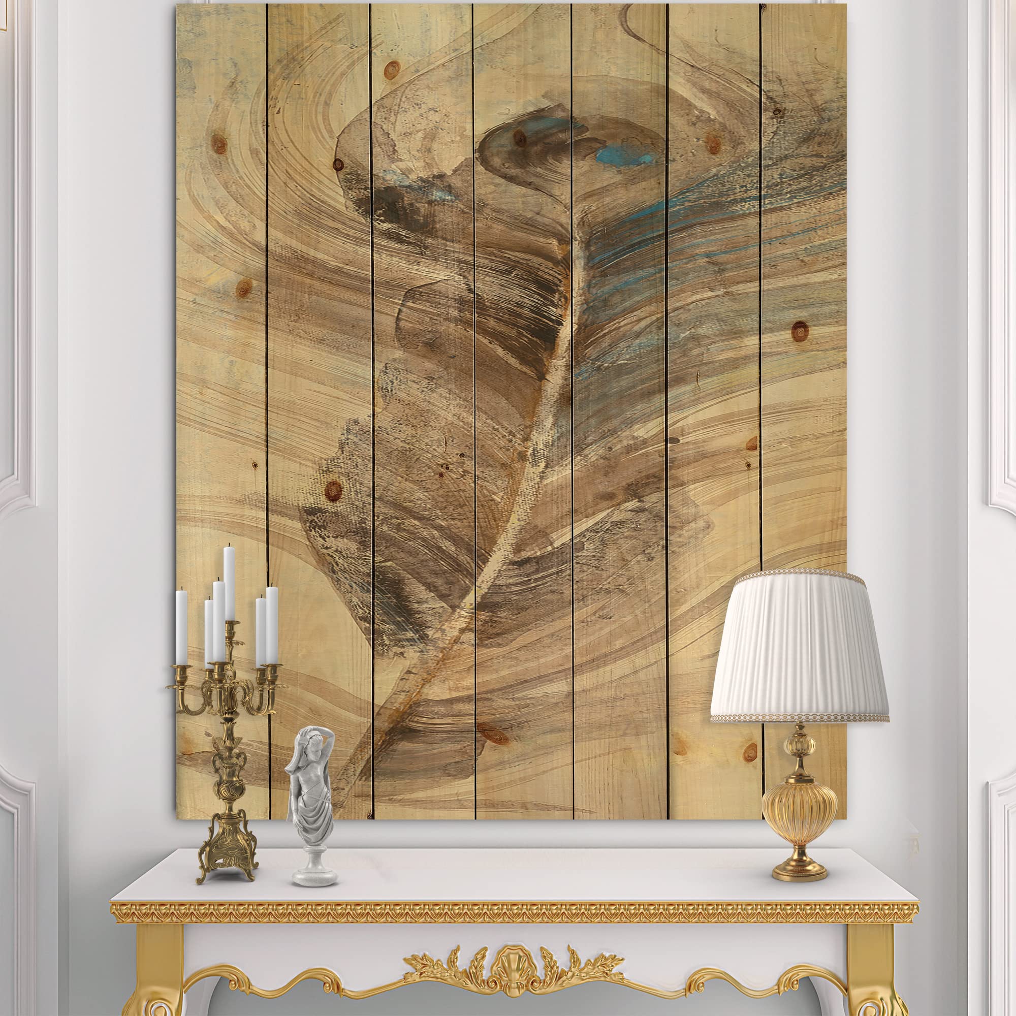 DesignQ Feather Natural Elements Traditional Wood Wall Decor - Blue Wood Wall Art with Large Animal Prints on Natural Pine Wood - Perfect for Living Room, Bedroom & Office Decor