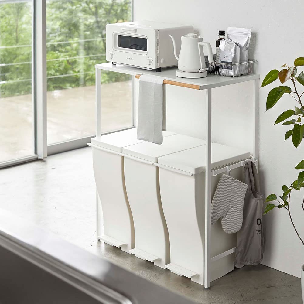 Yamazaki 5326 Expandable Trash Can Organizer - White Kitchen Storage Rack with Hooks, 16.7-29.9