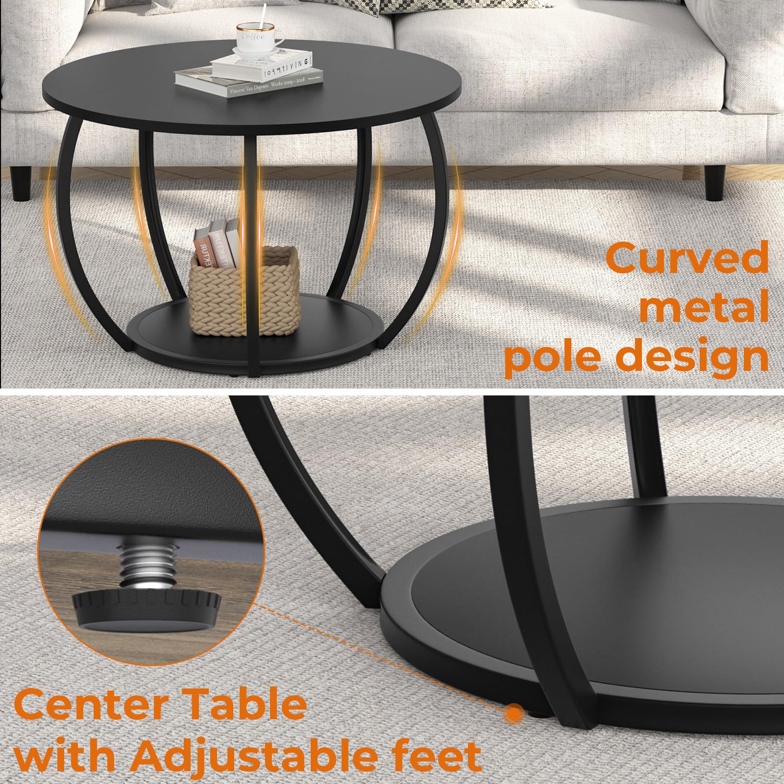 GreenForest 27.6 Inch Round Coffee Table with Storage - Adjustable Feet 2-Tier Farmhouse Style Center Table for Living Room, Home Office - Black | Perfect for Small Spaces, Coffee Time & Family Gatherings