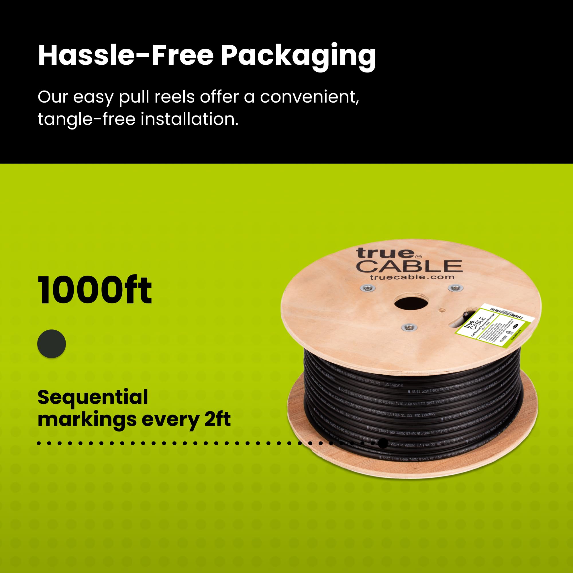 trueCABLE Cat6 Outdoor Shielded Ethernet Cable with Messenger - 500ft, UV Resistant, Aerial Rated, CMX, Black, 23AWG Solid Bare Copper, 550MHz, PoE++ (4PPoE) - Perfect for Outdoor Networking, Security Cameras, and Long-Distance Ethernet Installations