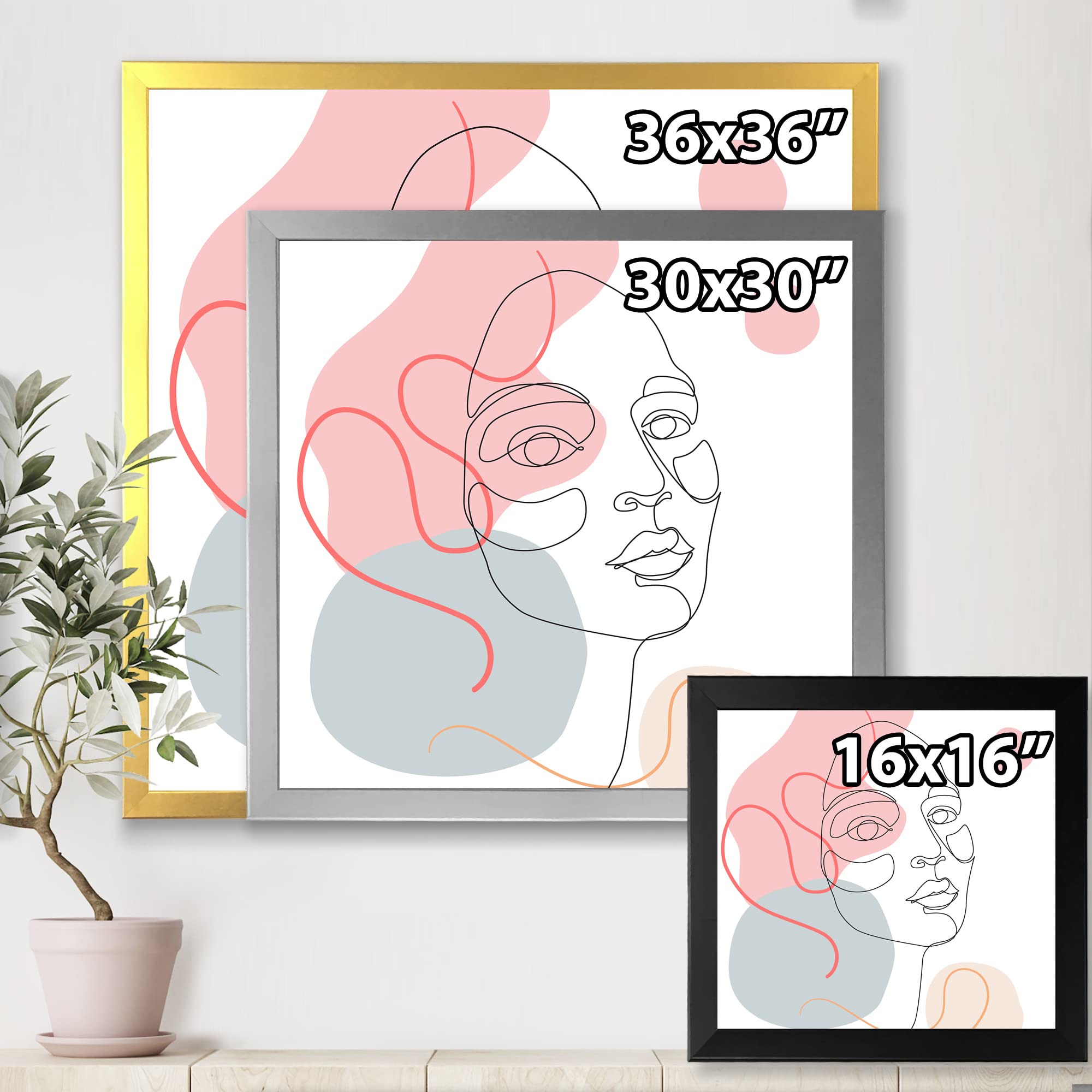 DesignQ Minimalist One Line Drawing of Young Woman in Pastel Tones - Modern Framed Wall Art Decor for Living Room, Bedroom & Office