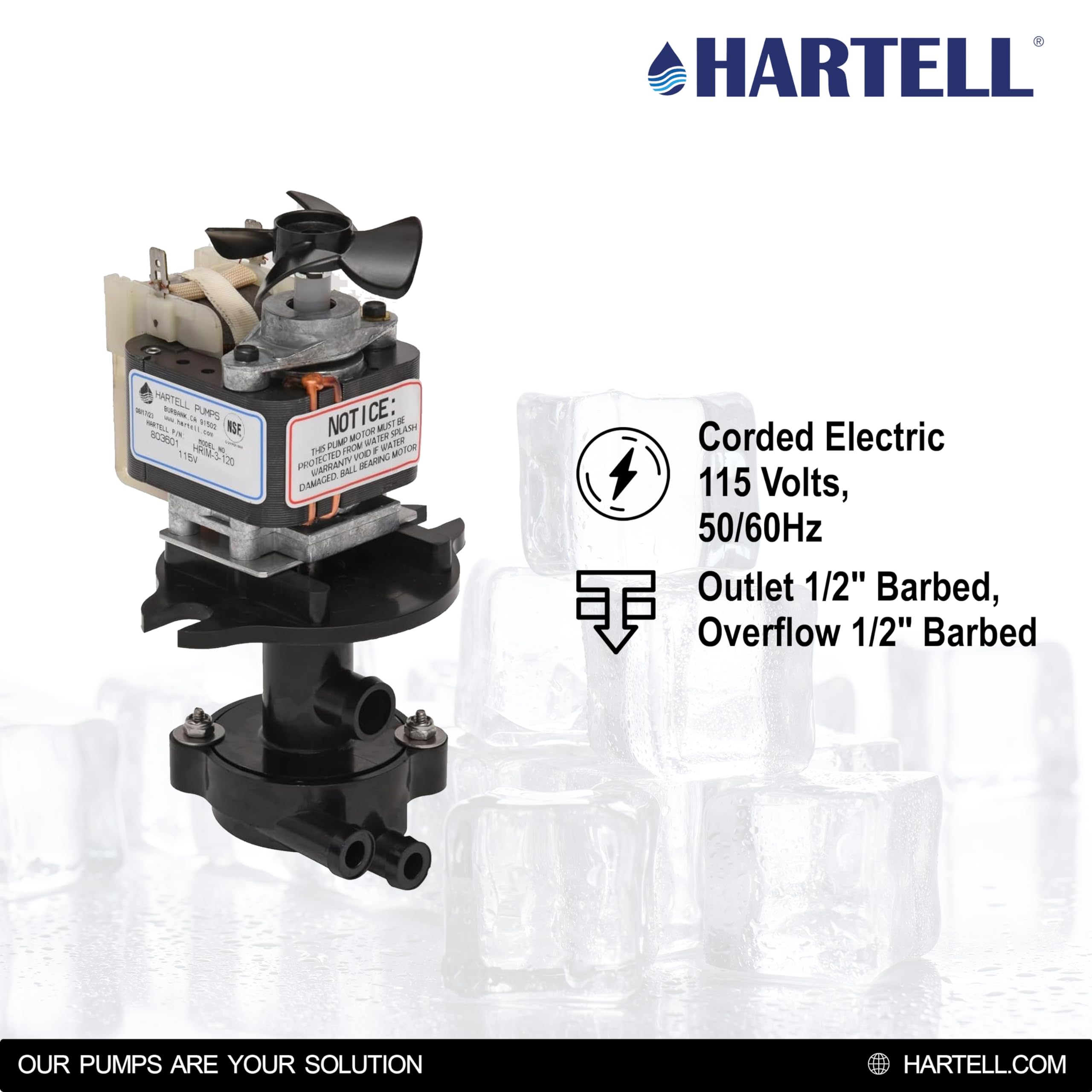 HARTELL HRIM-3-120 Replacement Ice Machine Pump - Compatible with GPPS-1SC-1 - High Performance Water Pump for Commercial Ice Makers - Perfect for Restaurants, Bars, and Hotels