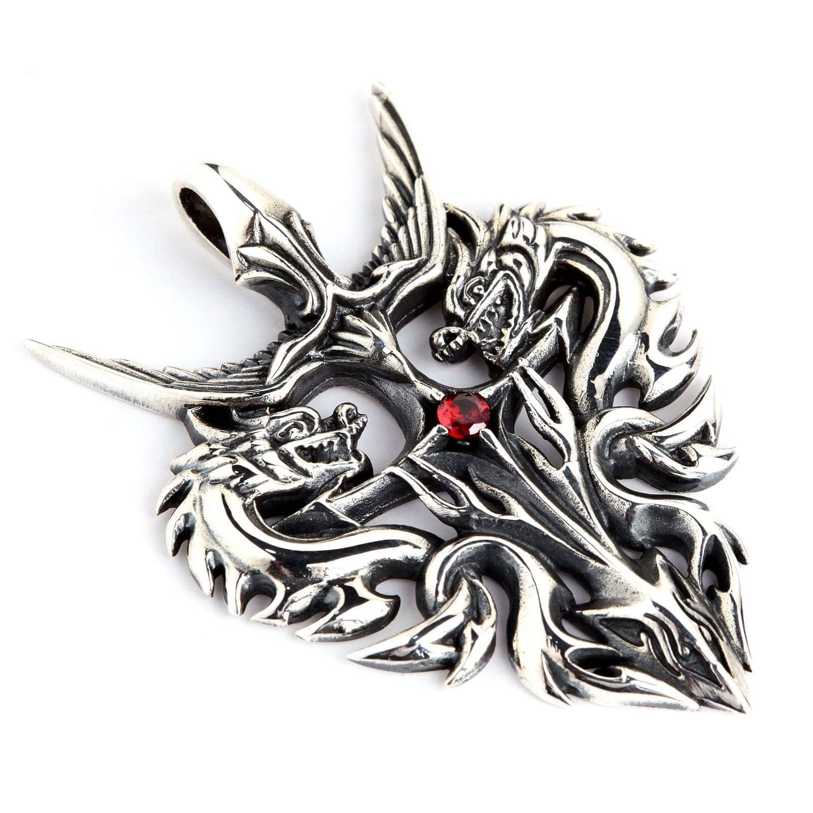 Red Garnet Guardian Dragon Sterling Silver Pendant Necklace - Medieval Fantasy Jewelry for Men & Women - Perfect for Cosplay, Gifts, and Gothic Fashion