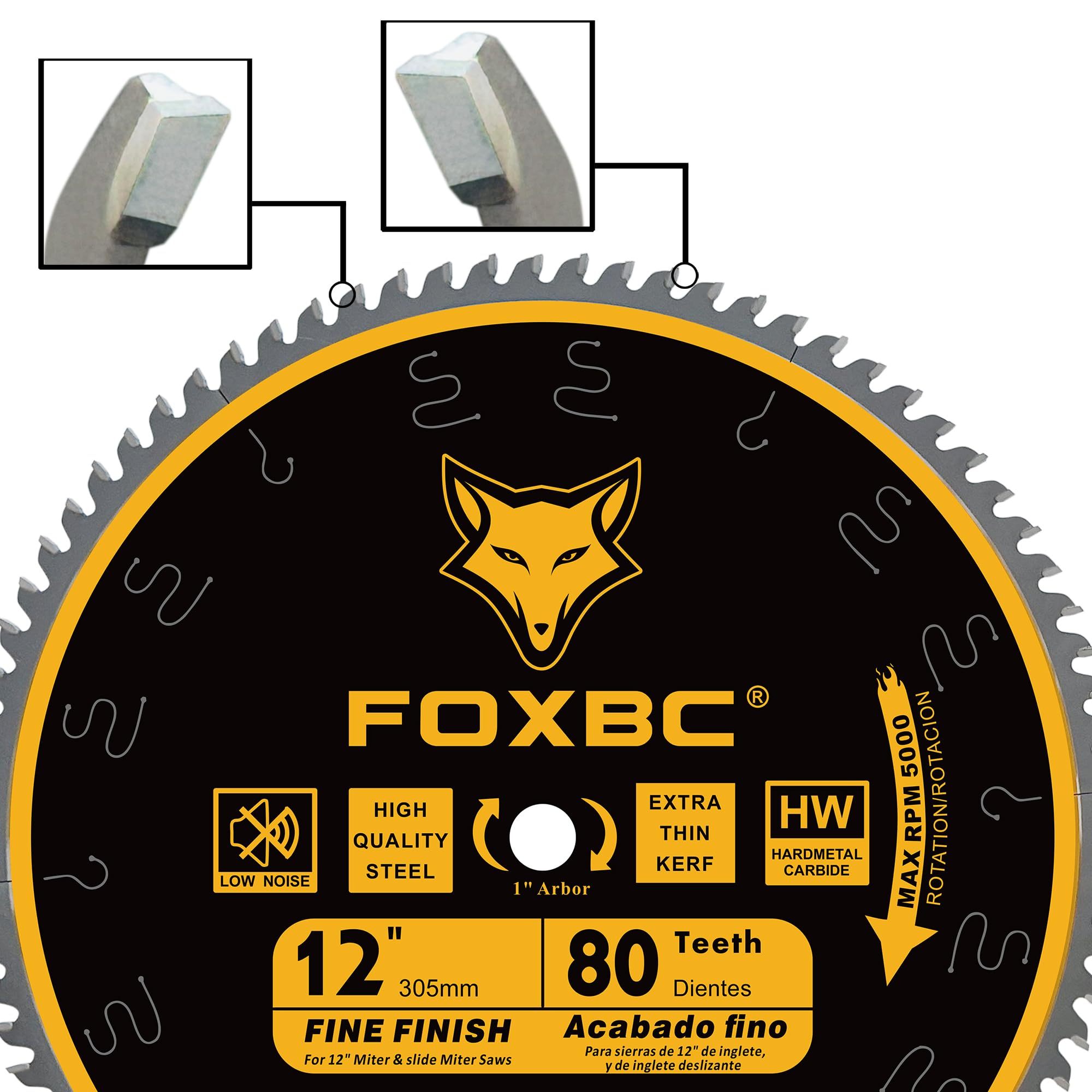 FOXBC 12 Inch 80-Tooth Miter Saw Blade for Fine Wood Crosscutting - 1 Inch Arbor - Perfect for Trim Work, Crown Molding & Precision Woodworking Projects