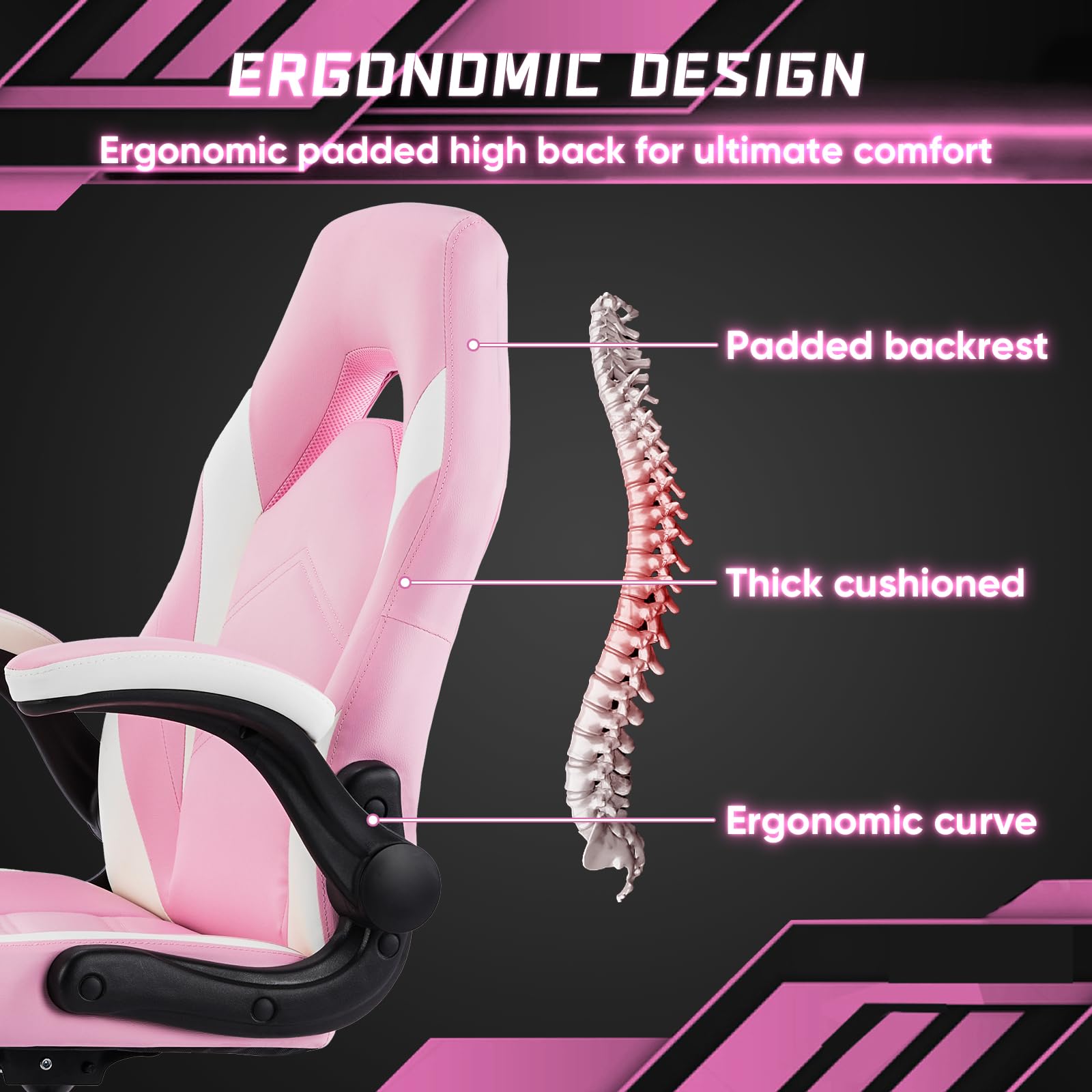 DUMOS Ergonomic Gaming Chair with Lumbar Support - Adjustable Height PU Leather Office Desk Chair for Adults & Teens, Flip-Up Armrests & Swivel Wheels - Perfect for Home Office, Gaming & Study (Pink)