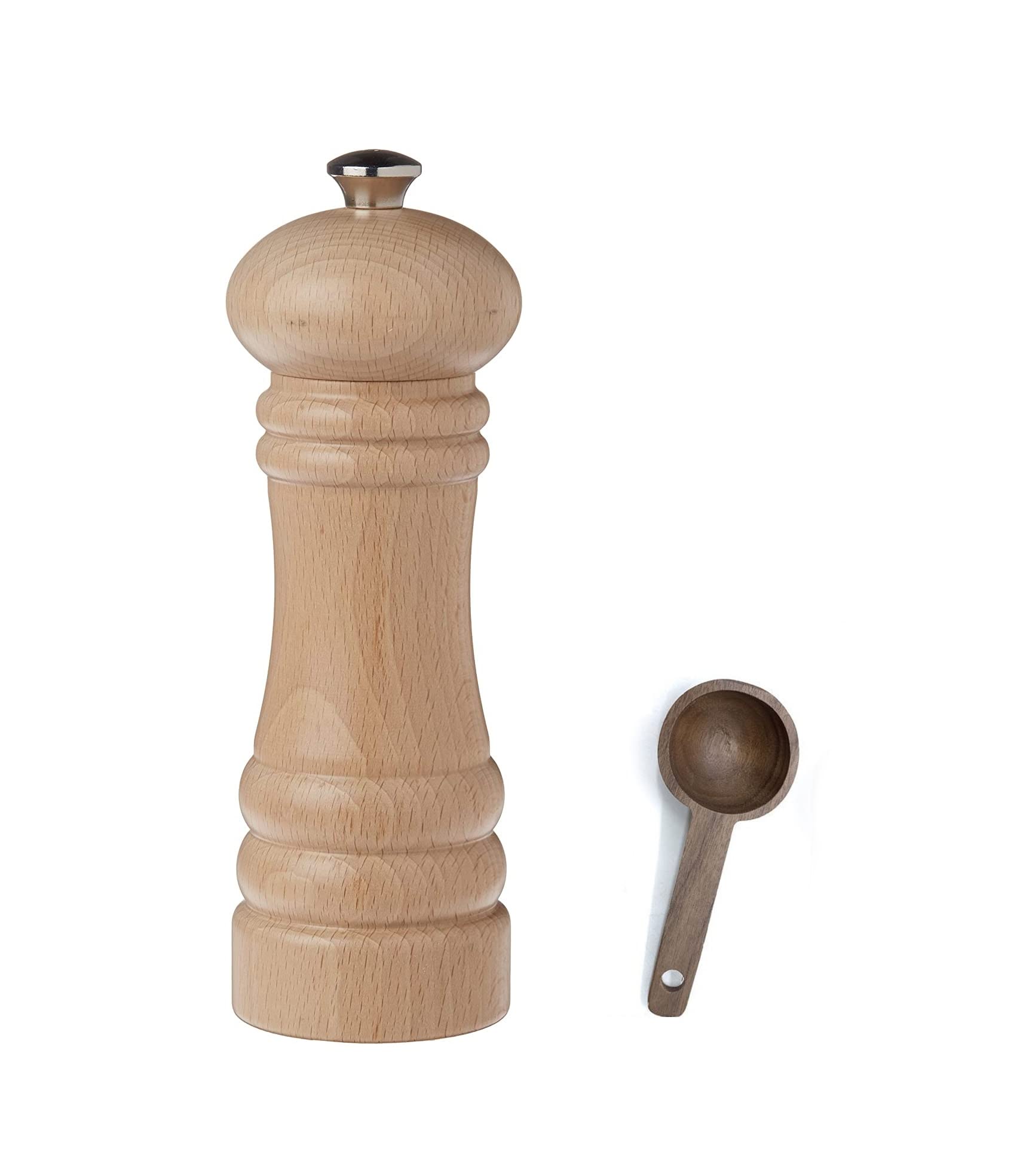 Premium Zassenhaus Berlin Natural Wood Pepper Mill & Spice Grinder Set - 7.1 Inch Refillable Manual Grinder with Wooden Scoop - Perfect for Kitchen, Dining Table & Gourmet Cooking Gifts