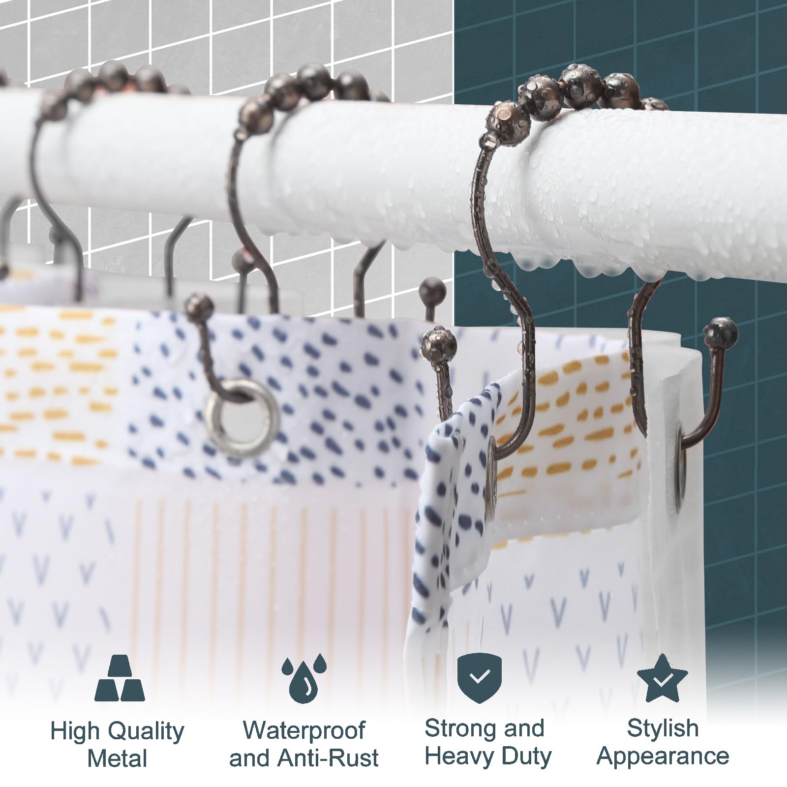 Premium Rust-Proof Bronze Shower Curtain Hooks - 12 Pack Smooth Gliding Metal Rings for Double Shower Curtains | Bathroom Decor & Home Upgrade Accessories for Modern Showers & Bathtubs