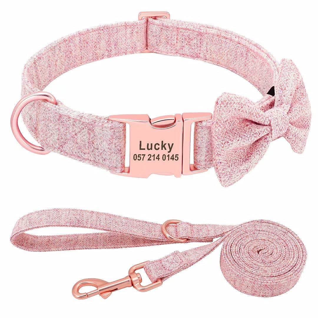 PET ARTIST Personalized Dog Collar with Detachable Bowtie - Soft & Comfortable Cute Dog Collar & Leash Set with Rose Gold Buckle - Adjustable Bowtie Collars for Small, Medium & Large Dogs (Pink) - Perfect for Daily Walks, Pet Parties & Photo Shoots