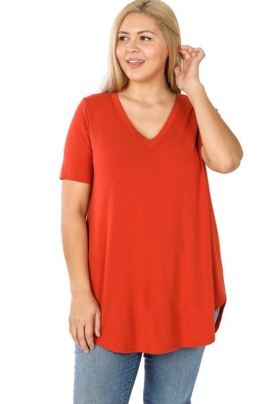 Plus Size Short Sleeve V Neck Scoop Front & Back T-Shirt - Comfortable Casual Wear for Women, Perfect for Everyday Outfits and Summer Fashion