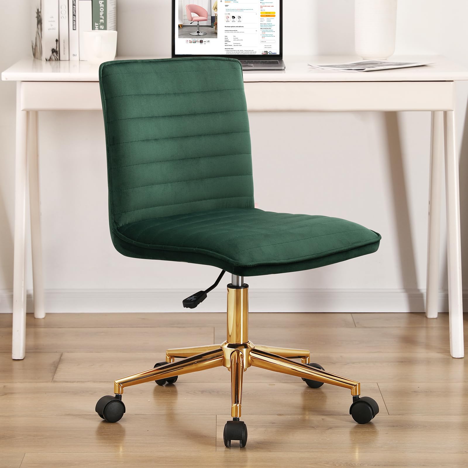 Furnimart Velvet Adjustable Swivel Office Chair - Armless Mid-Back Task Chair for Home Office, Dorm & Study - Dark Green Upholstered Desk Chair for Students & Professionals | Perfect for Small Spaces & Long Work Sessions