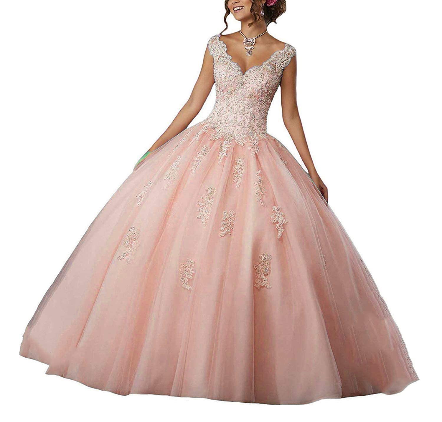 Natasha Girls V-Neck Beaded Lace Quinceañera Dress | Sweet 16 Applique Prom Ball Gown 014 | Formal Party, Homecoming, Debutante, Wedding Guest Dress