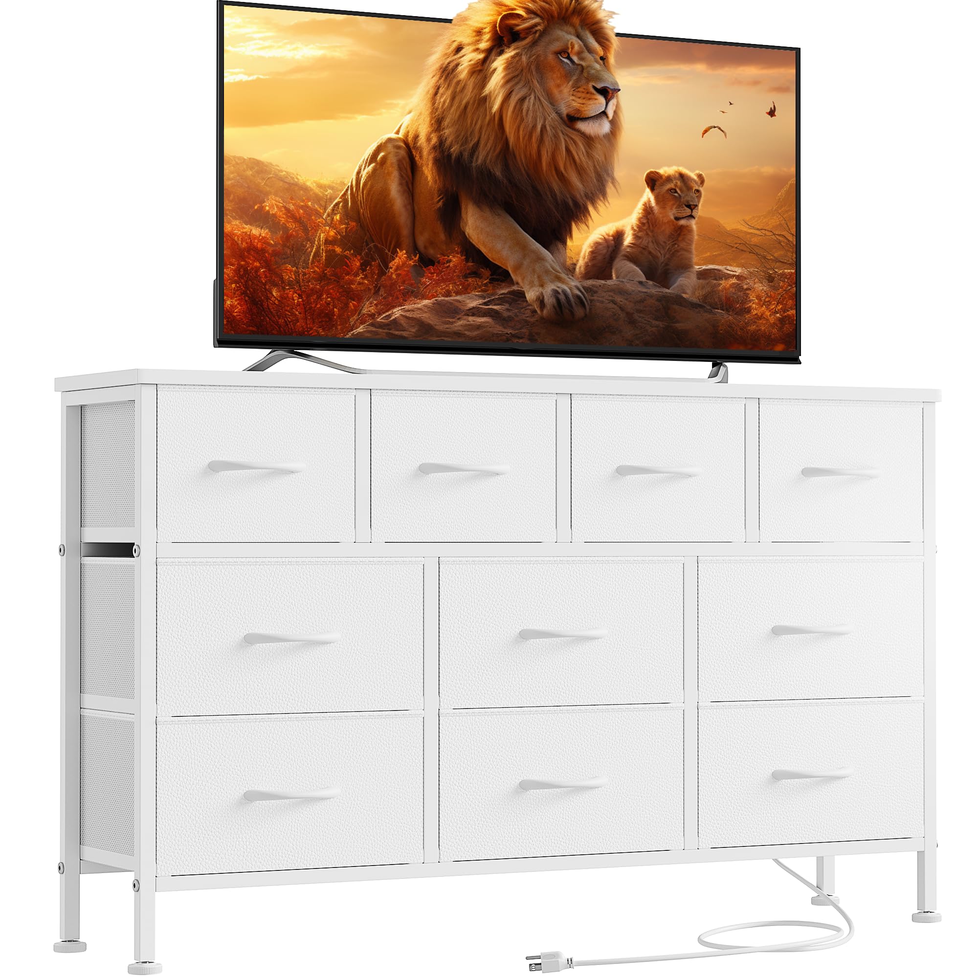 Lulive 10-Drawer White Dresser with Power Outlet - Bedroom Storage Organizer, TV Stand for 55