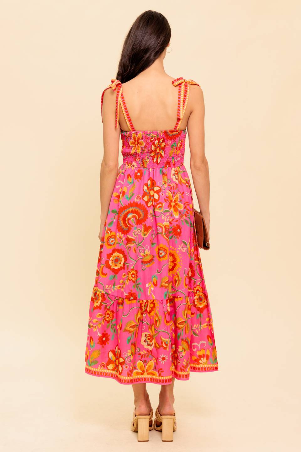 Garden Gathering Bustier Midi Dress in Pink Multi - Perfect for Summer Parties, Weddings, and Outdoor Events