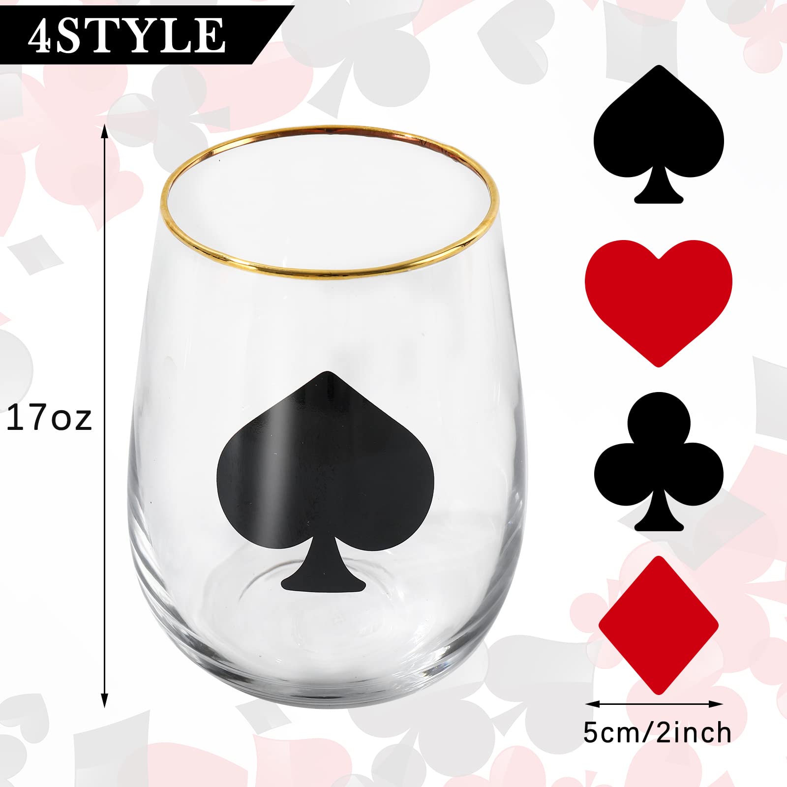 Whaline 17oz Casino Party Stemless Wine Glasses - 4Pcs Gold Rimmed Clear Poker Tumbler Cups for Casino Night, Poker Games, Themed Weddings & Home Decor - Perfect for Casino Themed Events, Bachelor Parties & Game Night Entertaining