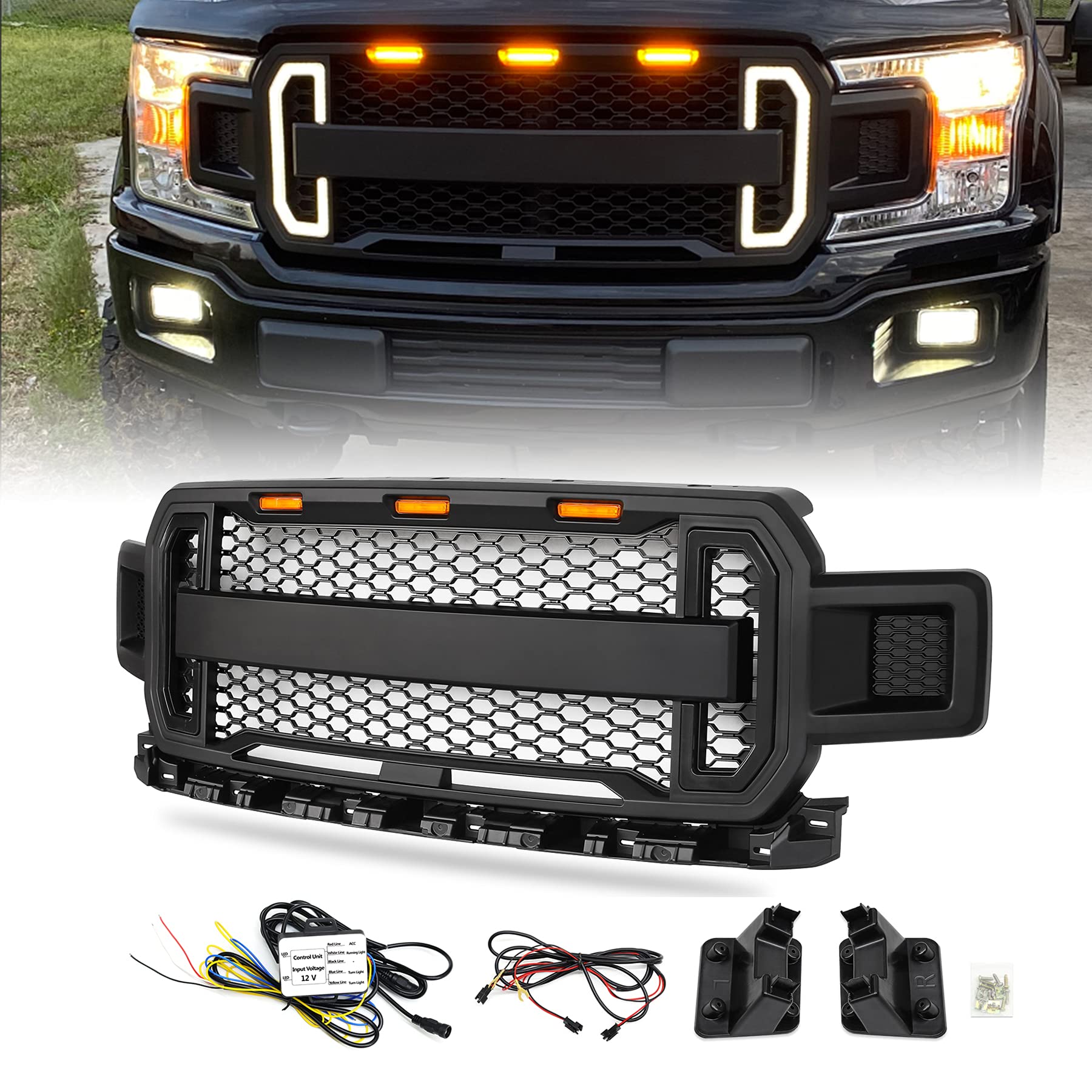 Ford F150 2018-2020 Raptor Style Matte Black Grille Mesh with DRL & Turn Signal Lights | Front Bumper Replacement | Off-Road & Street Style Upgrade
