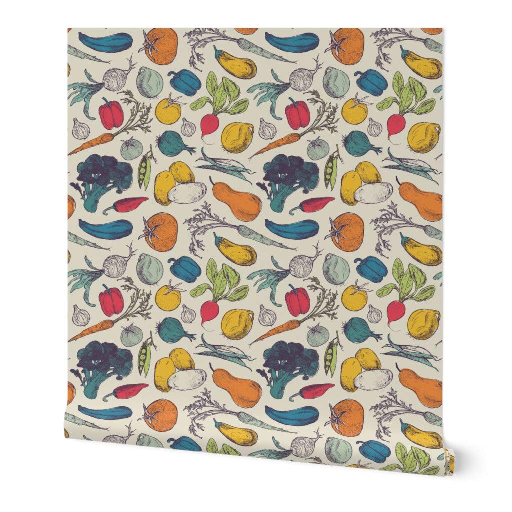 Vintage Vegetable Garden Peel & Stick Wallpaper - 9ft x 2ft Removable Self-Adhesive Wallpaper for Kitchen, Nursery, or Office Decor | Custom Retro Veggies & Food Design by Spoonflower