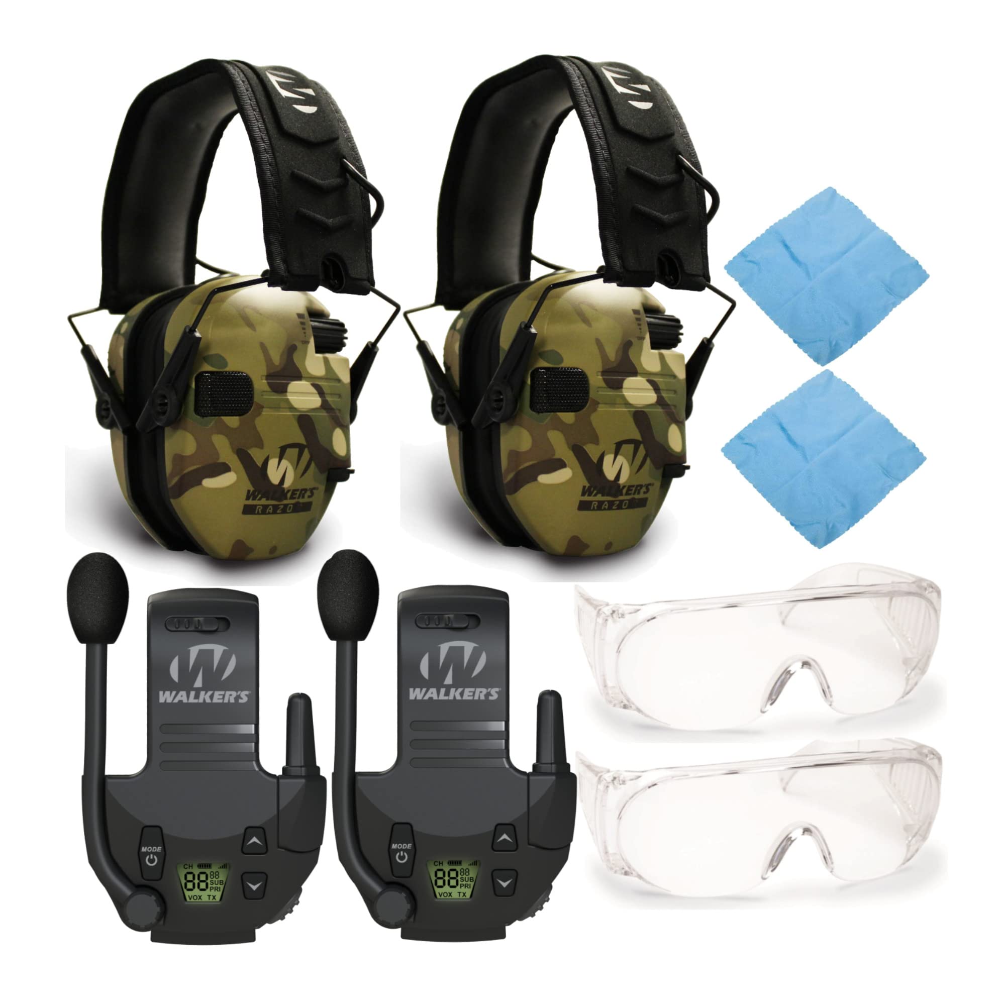 Walker's Razor Slim Electronic Shooting Earmuffs 2-Pack - Noise Cancelling Hearing Protection with Walkie Talkie Communication & OTG Safety Glasses for Hunting, Shooting Range, Construction Work and Outdoor Activities