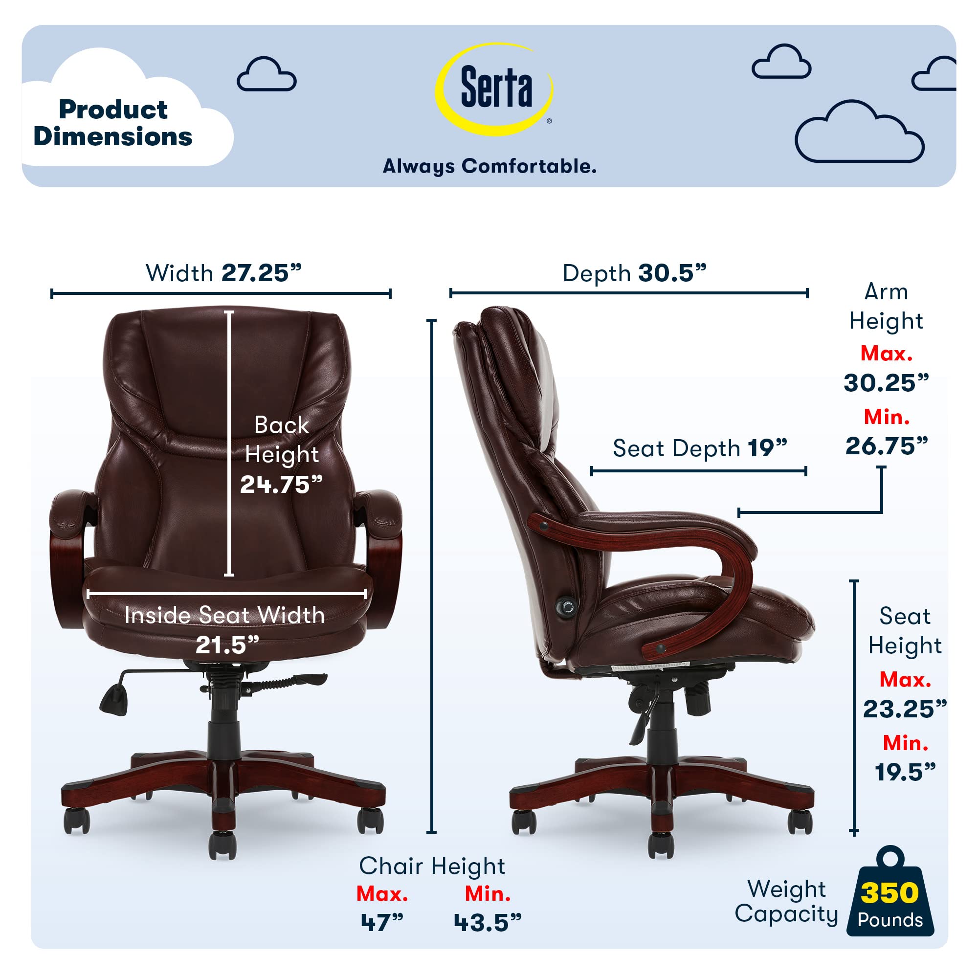Serta® Conway Big & Tall Executive Office Chair - Ergonomic High-Back with Adjustable Lumbar Support, Plush Cushion & Body Pillows, Padded Armrests, Wooden Swivel Base - Bonded Leather Chestnut Brown - Perfect for Home Office, Gaming & Workspace Comfort