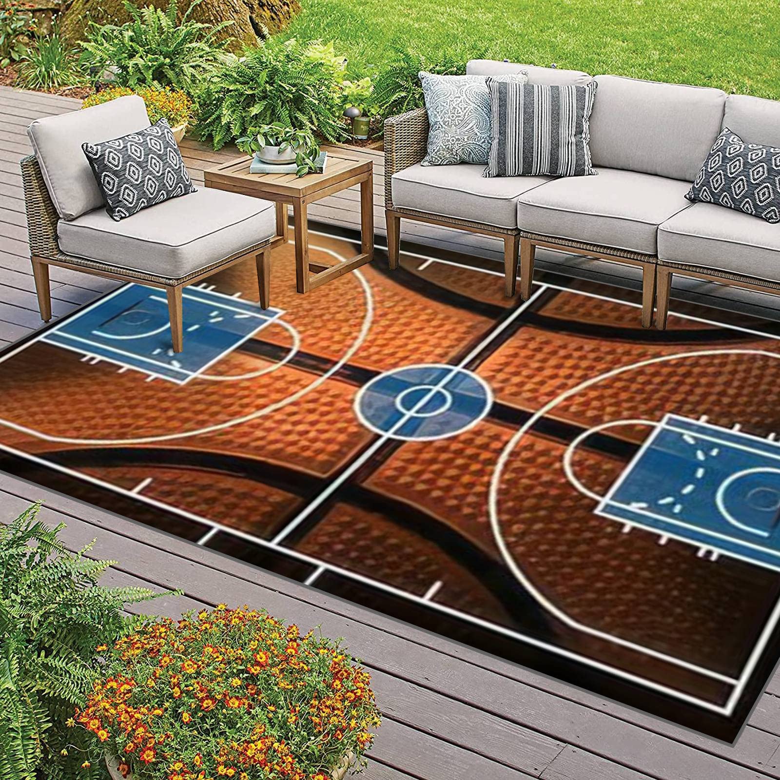 Black and Orange Basketball Court Area Rug - Non-Slip Game Room Mat for Boys Bedroom, Living Room Decor - Perfect for Sports Fans, Gamers & Modern Home Flooring