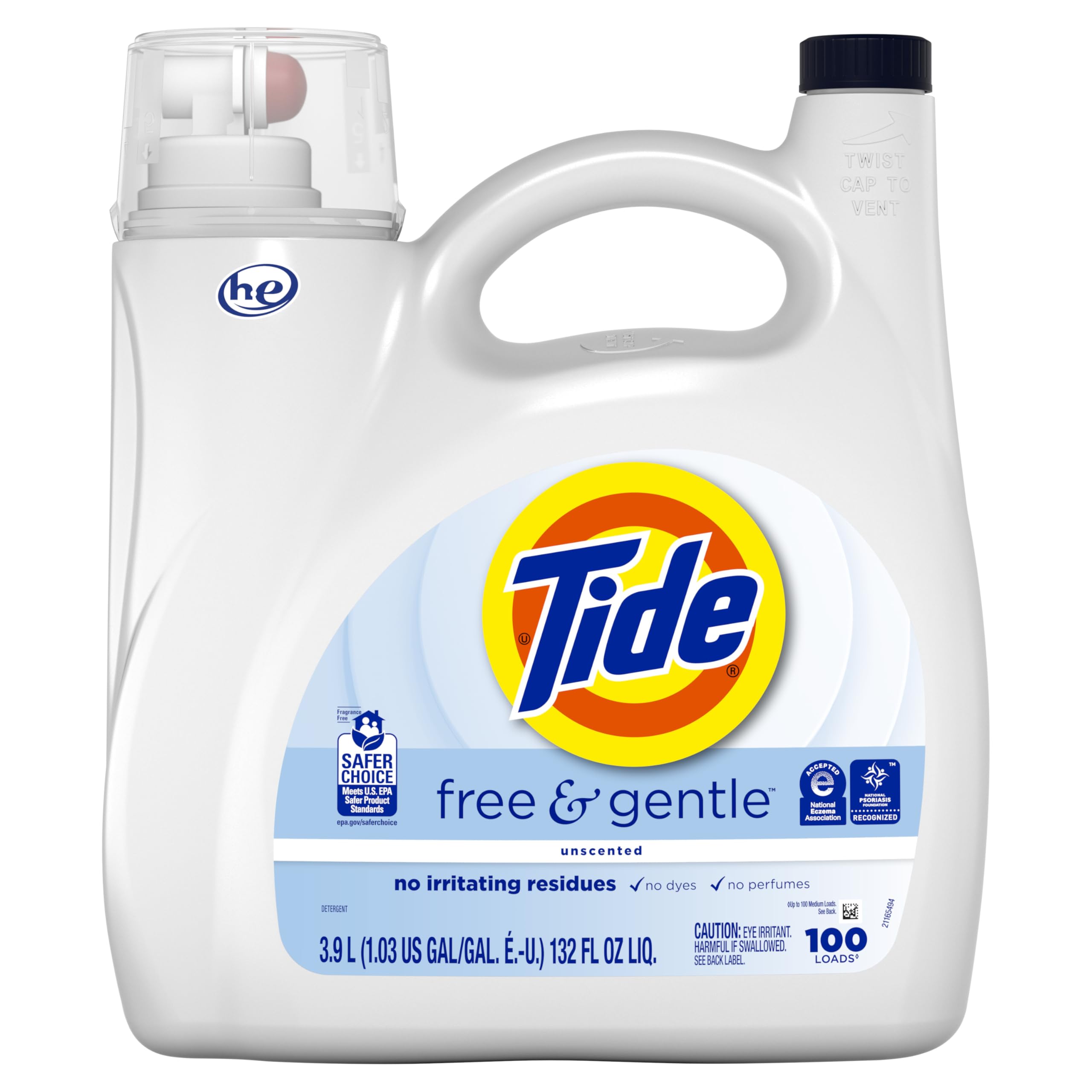 Tide Free & Gentle Liquid Laundry Detergent for Sensitive Skin - 132 fl oz (100 Loads) | Hypoallergenic, Dye-Free & Fragrance-Free | Perfect for Baby Clothes, Delicates & Allergy Sufferers | Gentle on Skin, Tough on Stains