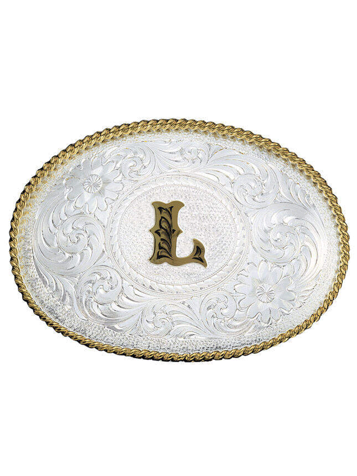 Montana Silversmiths 700 Initial Silver Engraved Gold Trim Western Belt Buckle for Men & Women - Perfect for Cowboy Boots, Jeans & Western Outfits