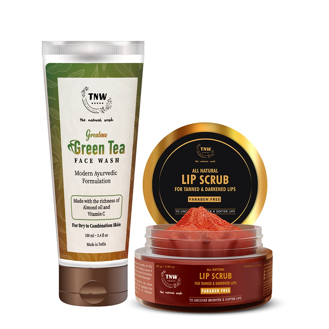 TNW THE NATURAL WASH Grealmo Face Wash & Lip Scrub Combo - Dark Lip Lightening Treatment with Green Tea for Men & Women | Daily Skincare & Lip Care Routine for Brighter Lips & Clear Skin