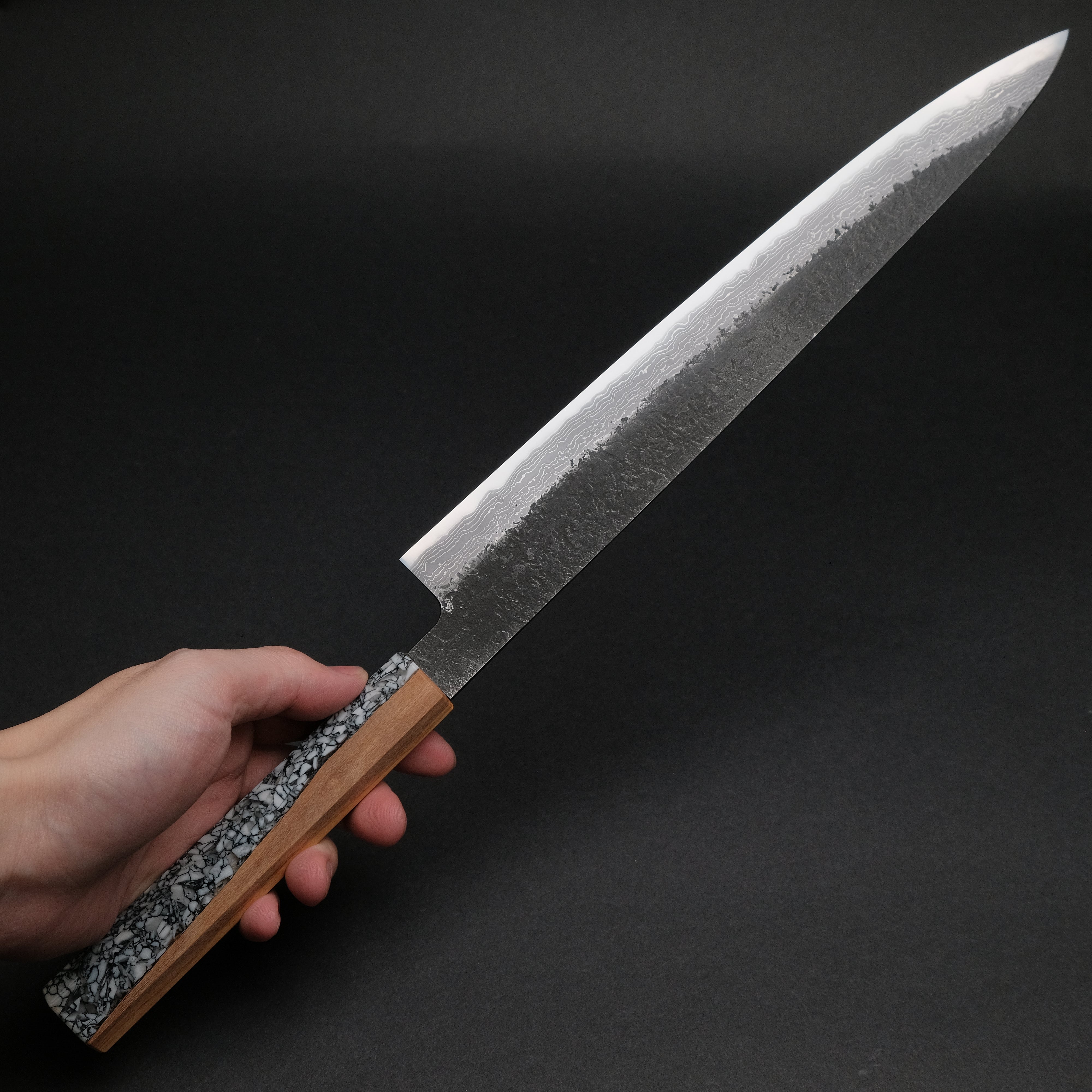 Premium Ajikataya White #2 Nashiji Damascus Sujihiki 270mm Japanese Chef Knife with Olive Wood TQRV Handle - Perfect for Slicing Sashimi, Roasts & Precision Cutting in Professional Kitchens