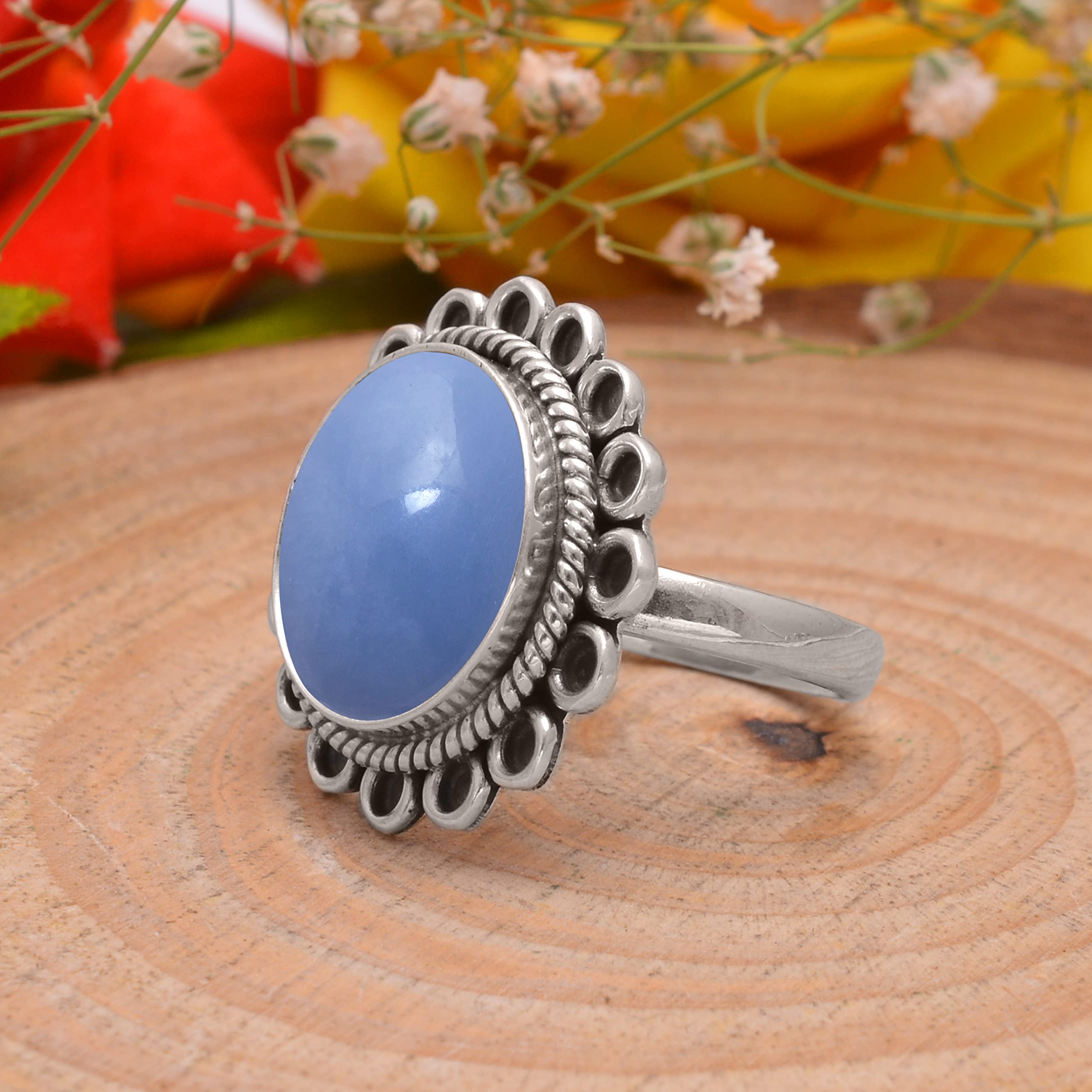 Angelite Ring for Women - 925 Sterling Silver Handmade Jewelry with Blue Angelite Gemstone | Spiritual Healing, Meditation & Everyday Elegance (VSR-664)